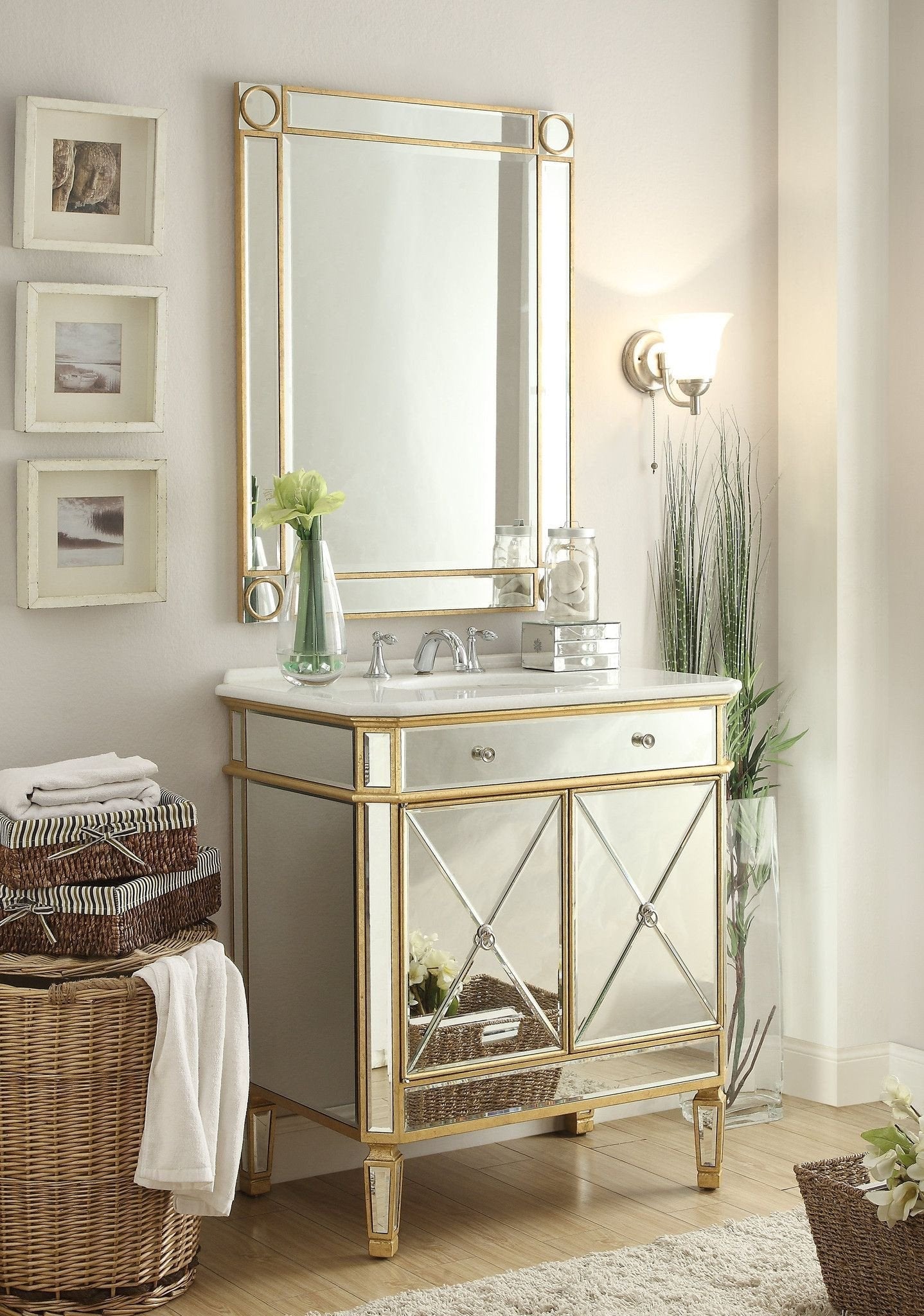 Chans Furniture BC-504GC-RA 32" Mirror Reflection Gold Finish Bathroom Sink Vanity