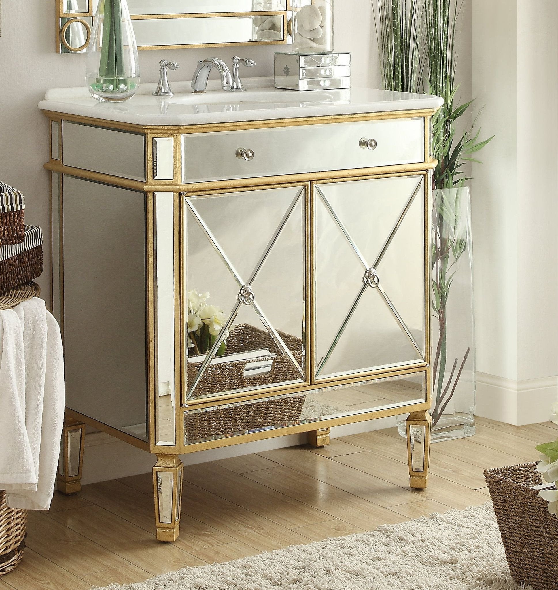 Chans Furniture BC-504GC-RA 32" Mirror Reflection Gold Finish Bathroom Sink Vanity