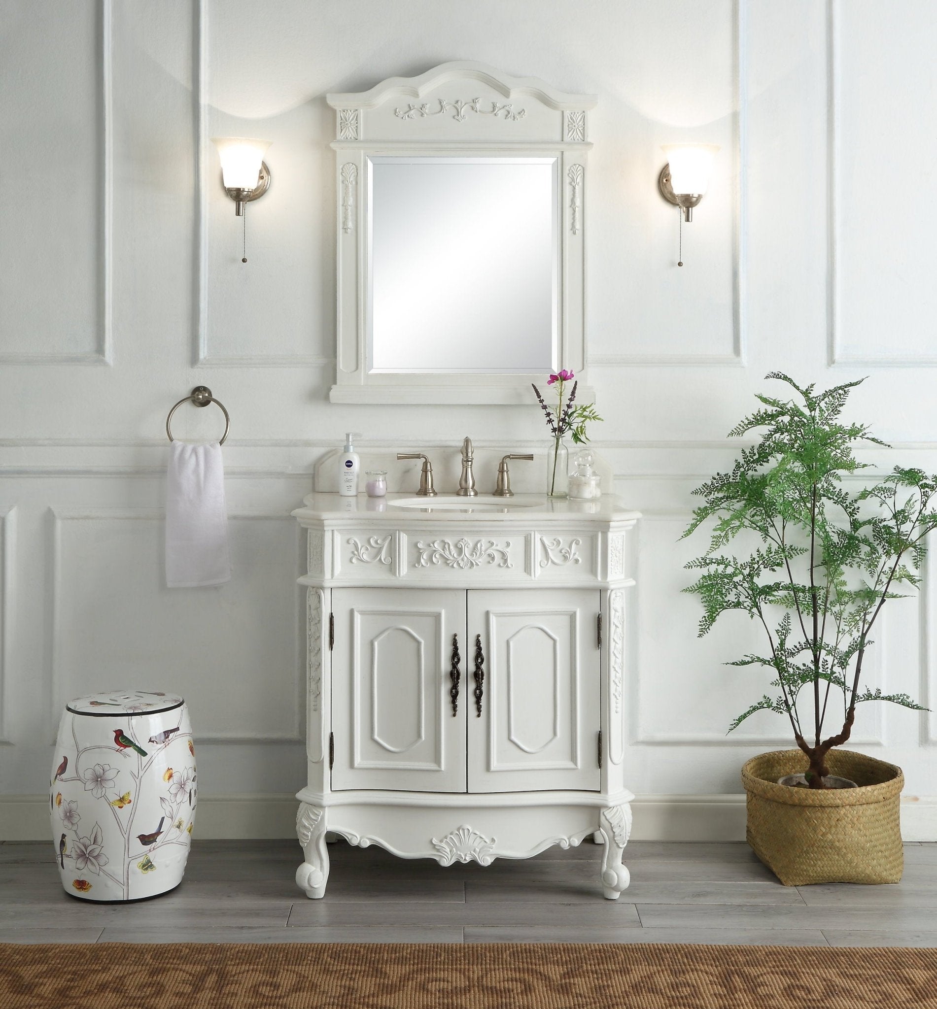 Chans Furniture ZK-021W-AW 33 Inch Traditional Antique Style White Benson Bathroom Sink Vanity