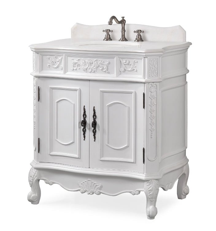 Chans Furniture ZK-021W-AW 33 Inch Traditional Antique Style White Benson Bathroom Sink Vanity