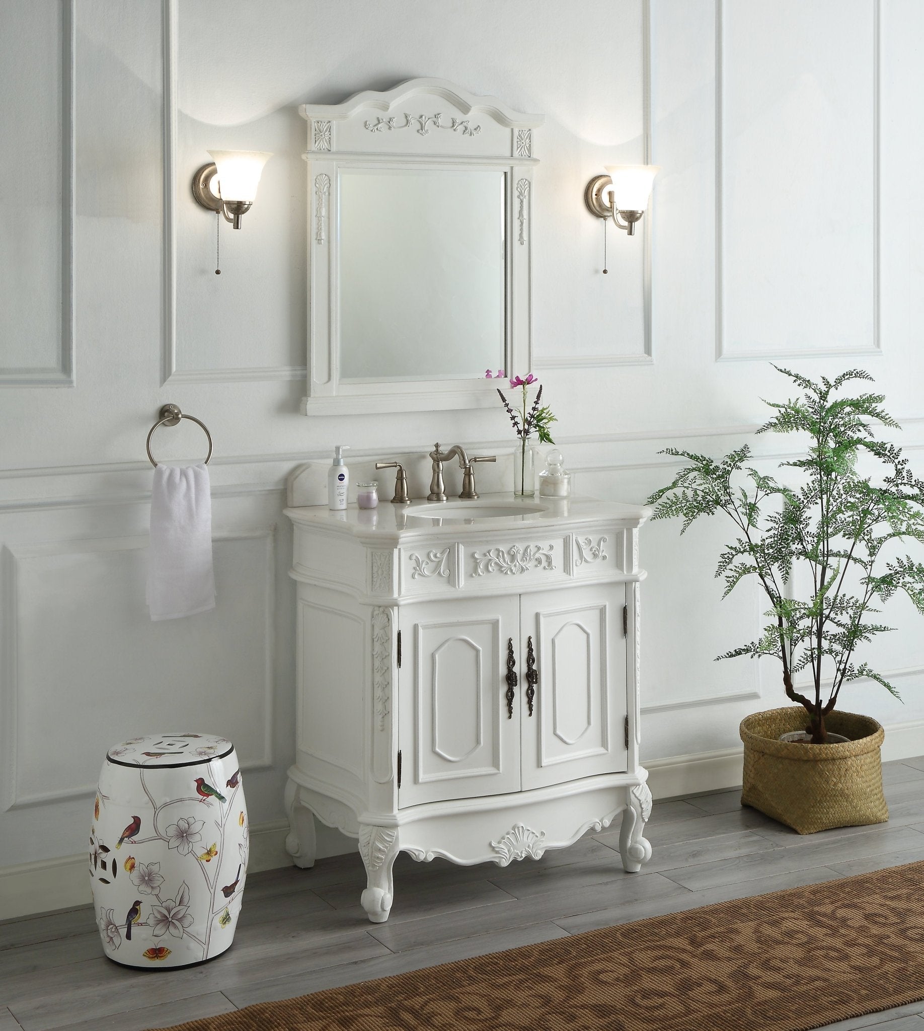 Chans Furniture ZK-021W-AW 33 Inch Traditional Antique Style White Benson Bathroom Sink Vanity