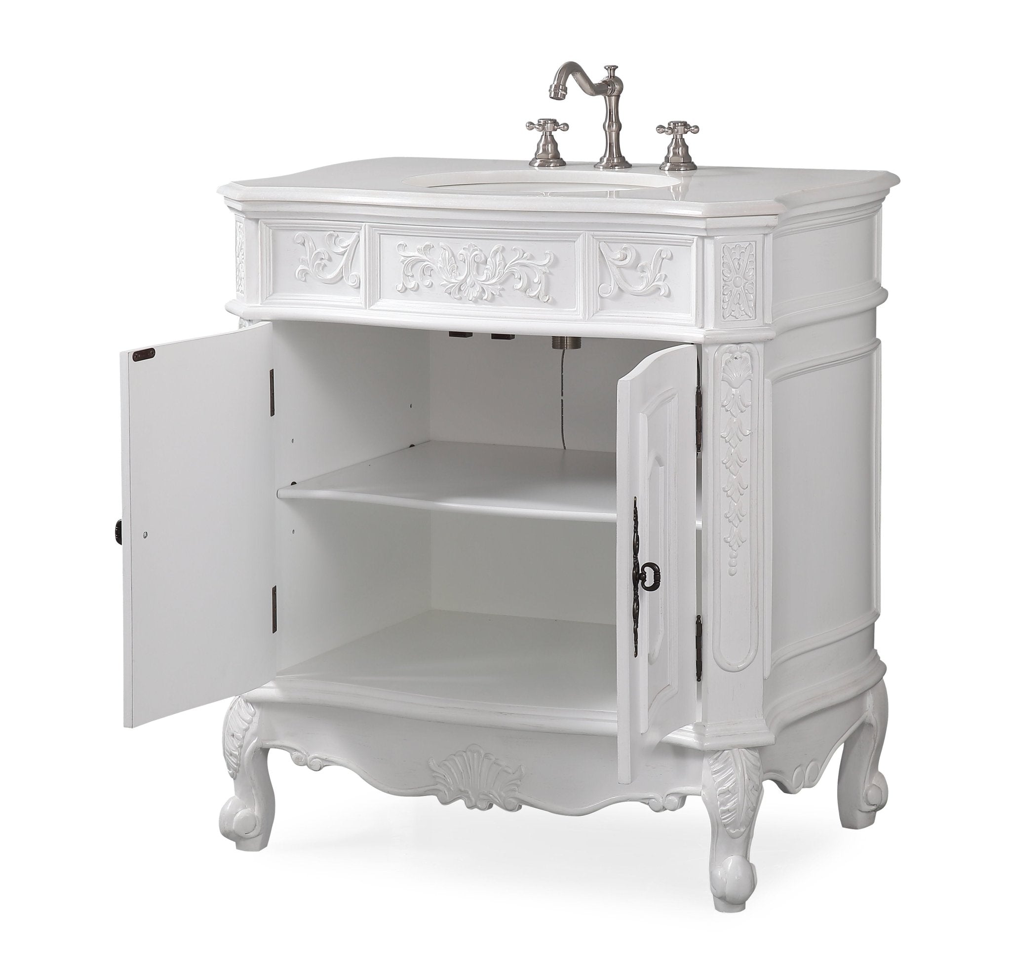 Chans Furniture ZK-021W-AW 33 Inch Traditional Antique Style White Benson Bathroom Sink Vanity