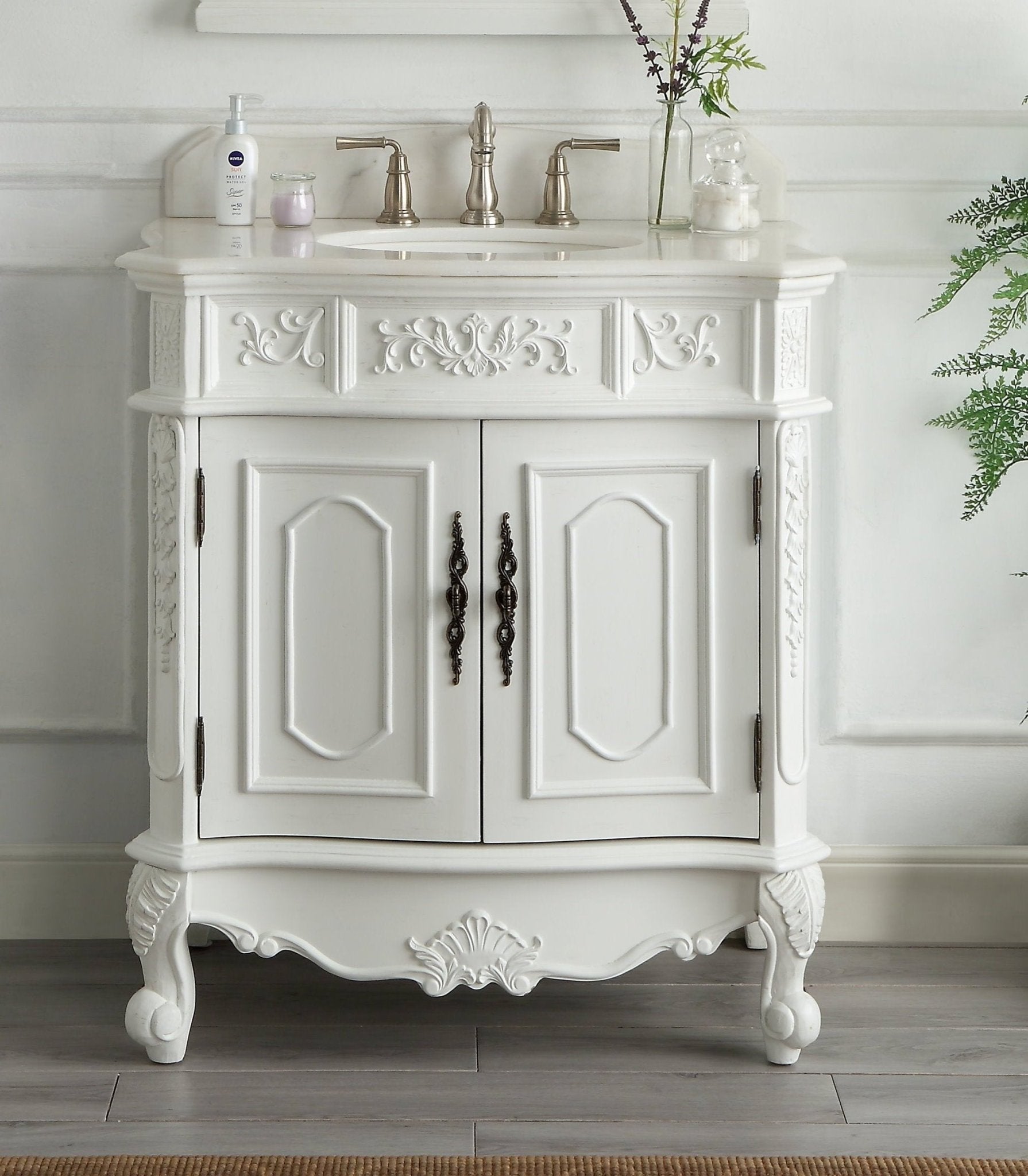 Chans Furniture ZK-021W-AW 33 Inch Traditional Antique Style White Benson Bathroom Sink Vanity