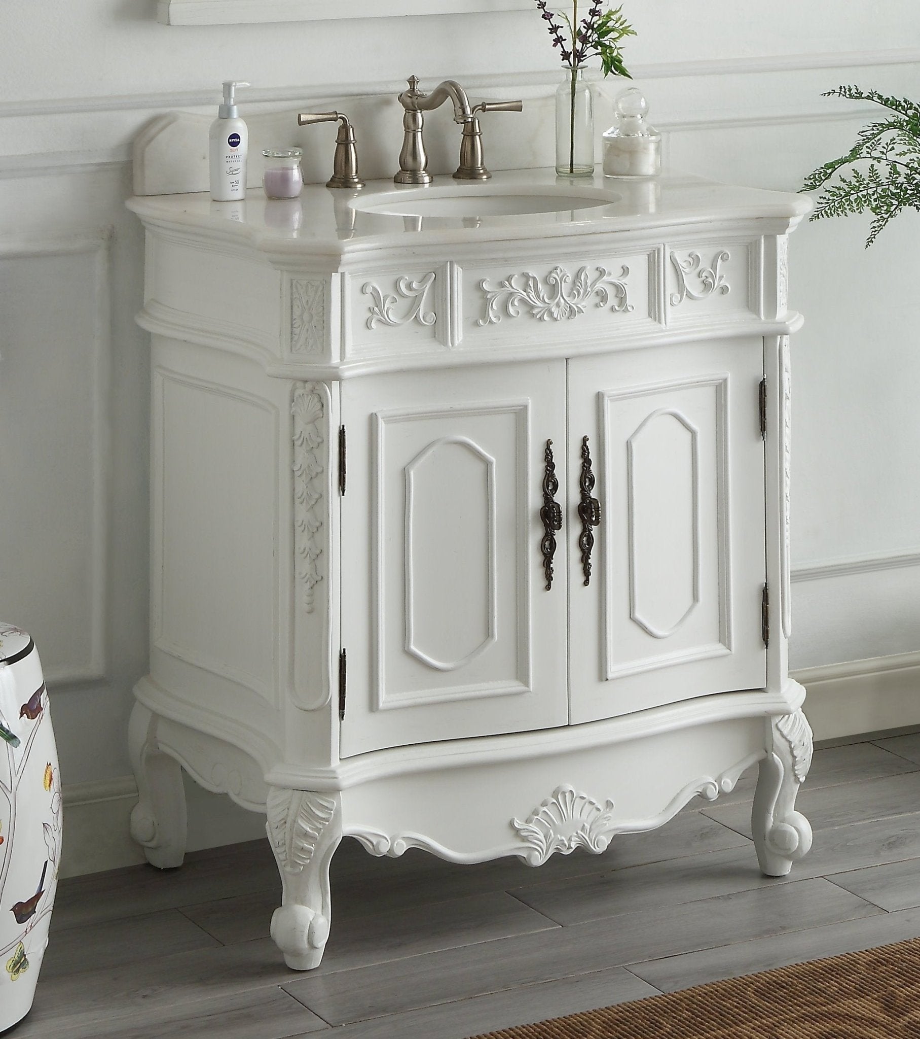 Chans Furniture ZK-021W-AW 33 Inch Traditional Antique Style White Benson Bathroom Sink Vanity