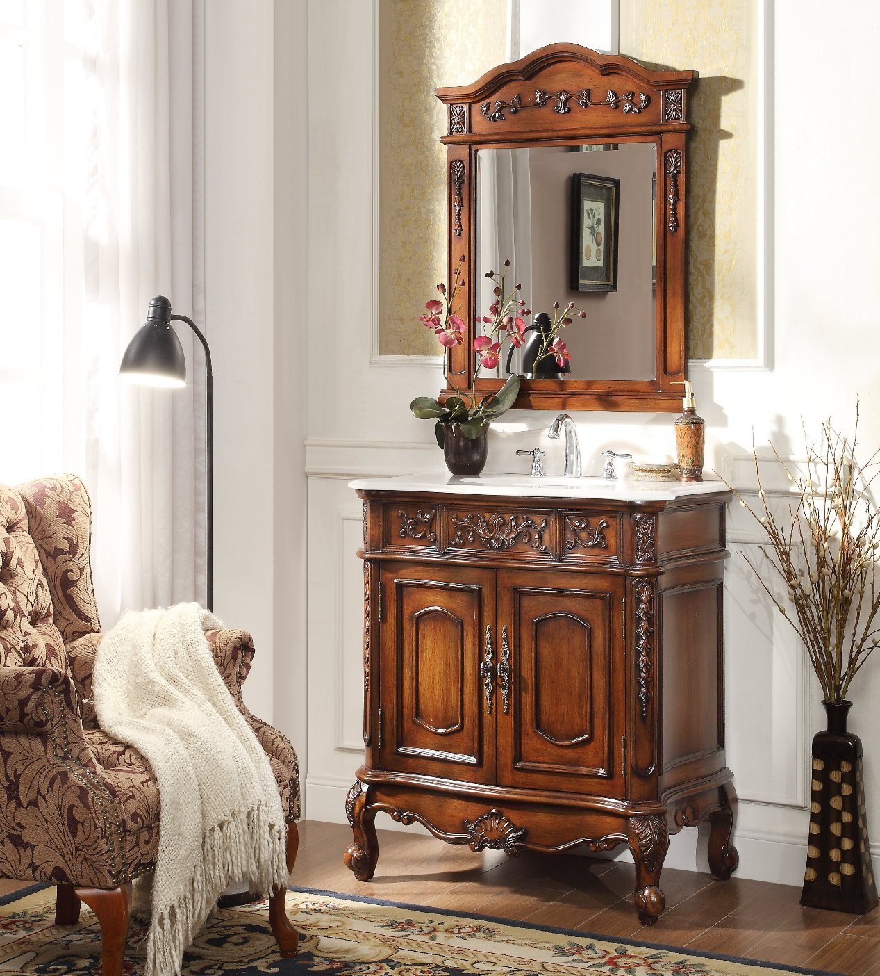 Chans Furniture HF021W-TK 33 Inch Traditional Antique Style Cherry Wood Benson Bathroom Sink Vanity