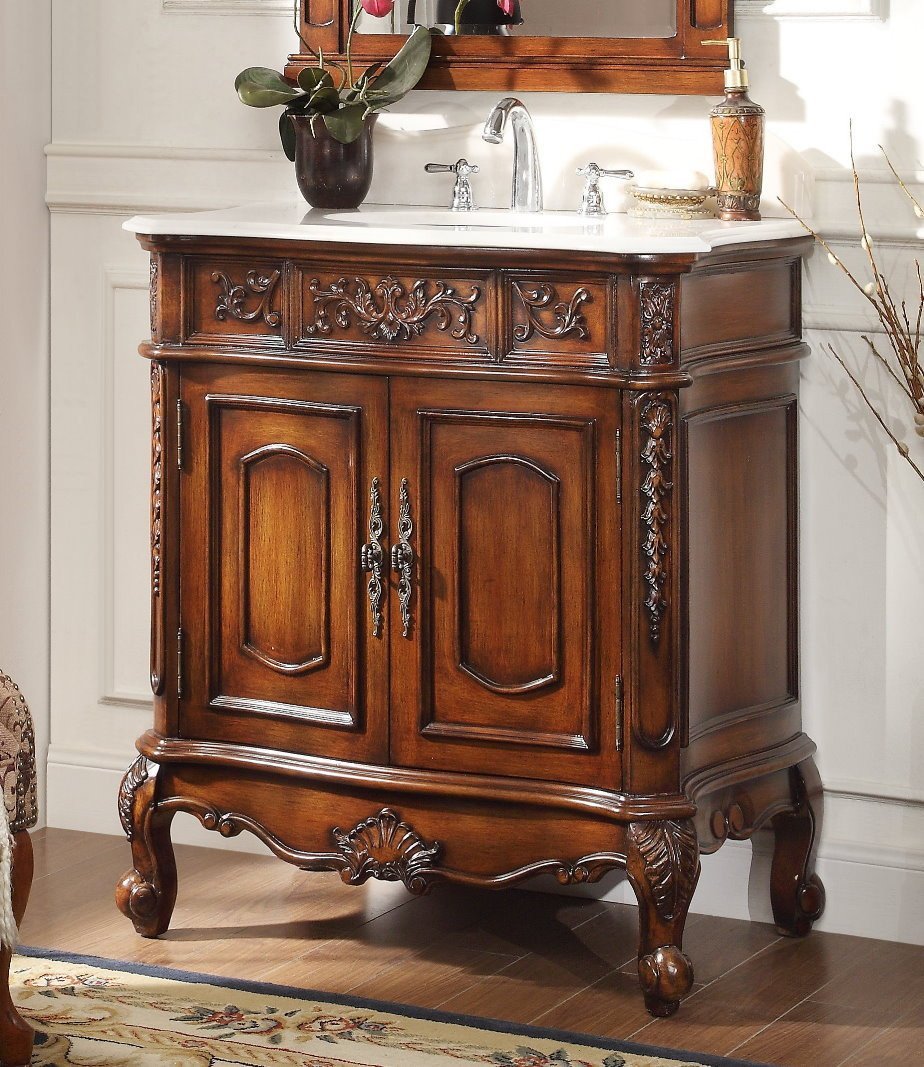 Chans Furniture HF021W-TK 33 Inch Traditional Antique Style Cherry Wood Benson Bathroom Sink Vanity