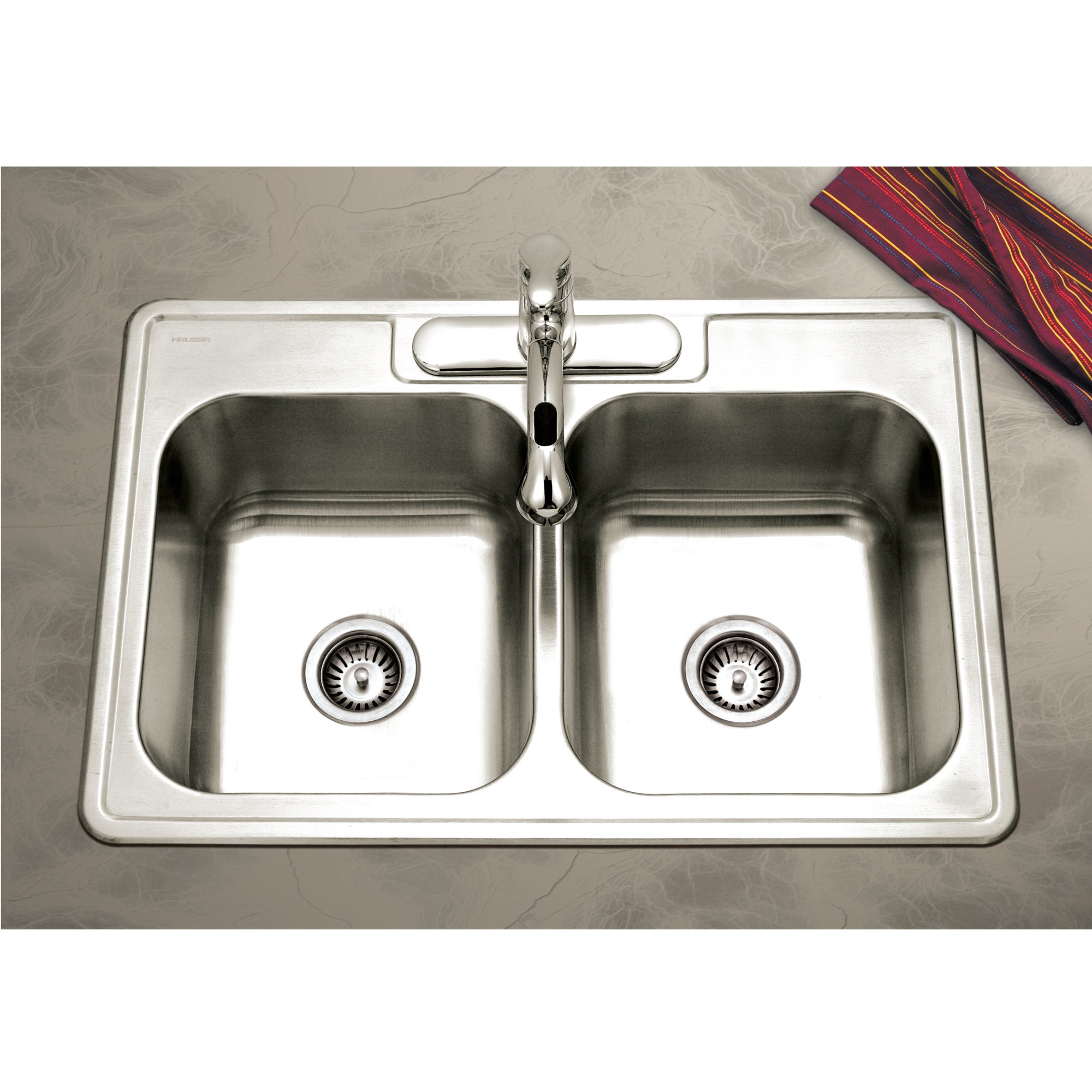 Houzer Glowtone 33" Stainless Steel Drop-in Topmount 3-hole 50/50 Double Bowl 8 inch Deep Kitchen Sink - 3322-8BS3-1