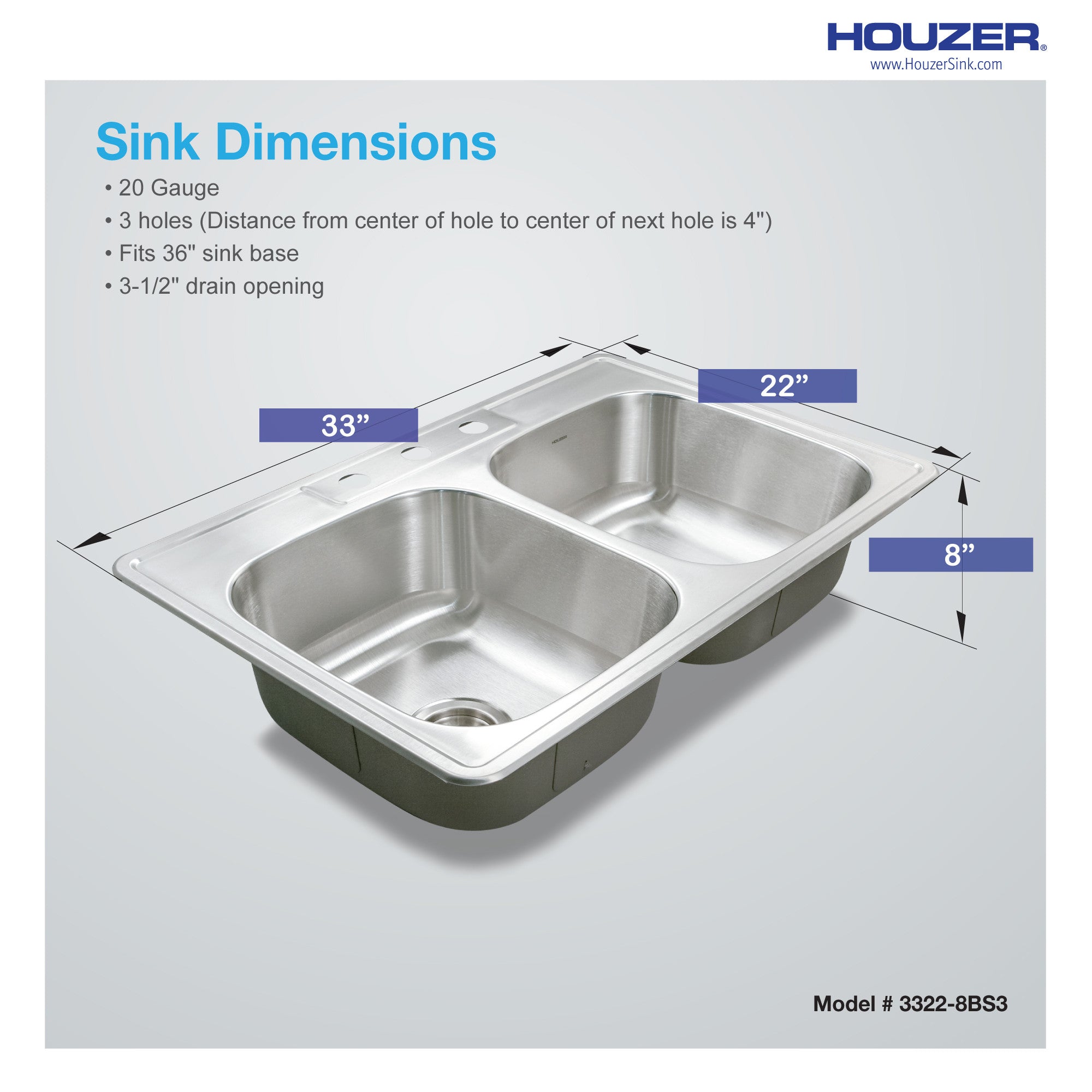 Houzer Glowtone 33" Stainless Steel Drop-in Topmount 3-hole 50/50 Double Bowl 8 inch Deep Kitchen Sink - 3322-8BS3-1