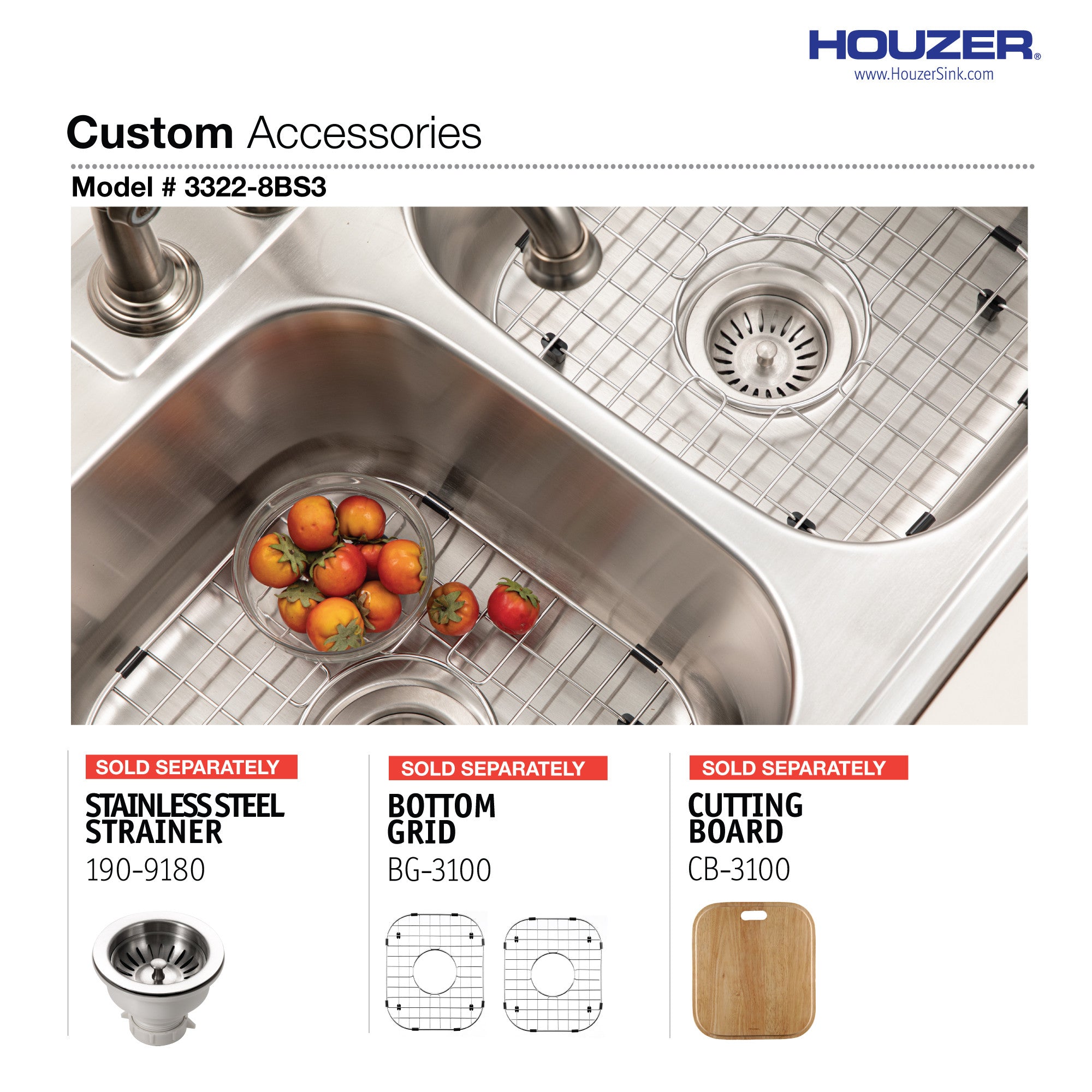 Houzer Glowtone 33" Stainless Steel Drop-in Topmount 3-hole 50/50 Double Bowl 8 inch Deep Kitchen Sink - 3322-8BS3-1
