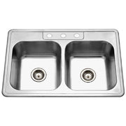 Houzer Glowtone 33" Stainless Steel Drop-in Topmount 3-hole 50/50 Double Bowl 8 inch Deep Kitchen Sink - 3322-8BS3-1