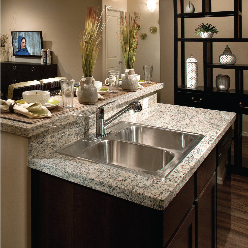 Houzer Glowtone 33" Stainless Steel Drop-in Topmount 4-hole 50/50 Double Bowl 8 inch Deep Kitchen Sink - 3322-8BS4-1