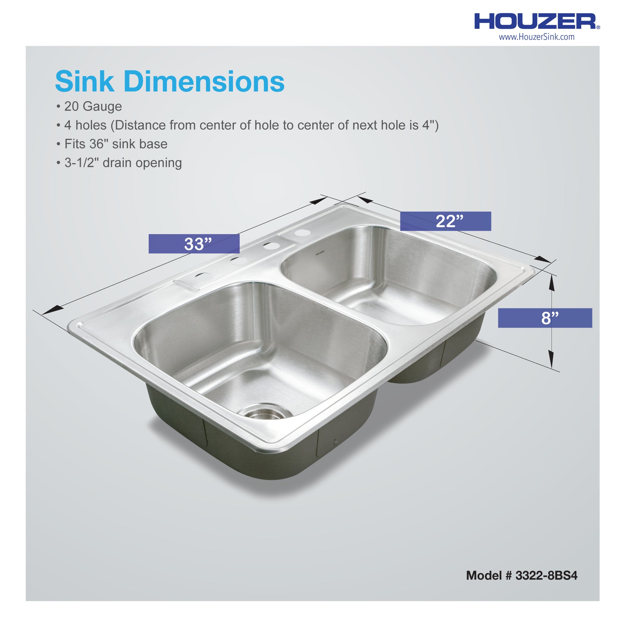 Houzer Glowtone 33" Stainless Steel Drop-in Topmount 4-hole 50/50 Double Bowl 8 inch Deep Kitchen Sink - 3322-8BS4-1