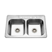Houzer Glowtone 33" Stainless Steel Drop-in Topmount 4-hole 50/50 Double Bowl 8 inch Deep Kitchen Sink - 3322-8BS4-1