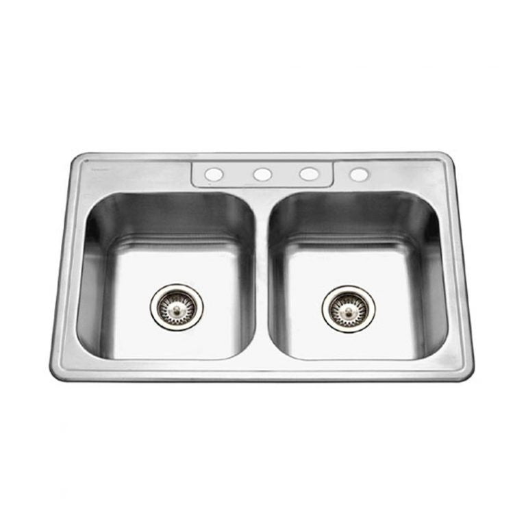 Houzer Glowtone 33" Stainless Steel Drop-in Topmount 4-hole 50/50 Double Bowl 8 inch Deep Kitchen Sink - 3322-8BS4-1