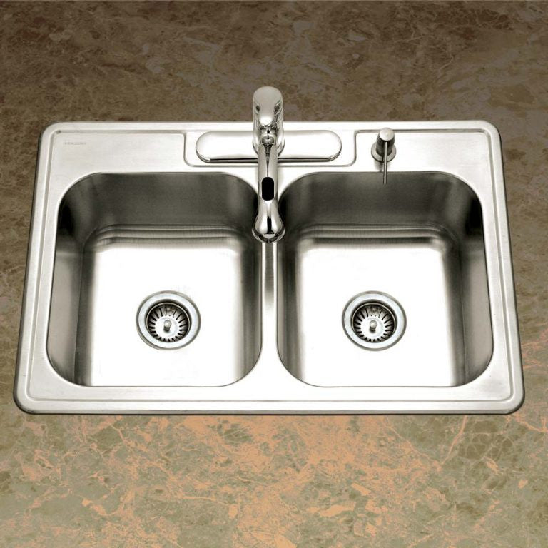 Houzer Glowtone 33" Stainless Steel Drop-in Topmount 4-hole 50/50 Double Bowl 8 inch Deep Kitchen Sink - 3322-8BS4-1