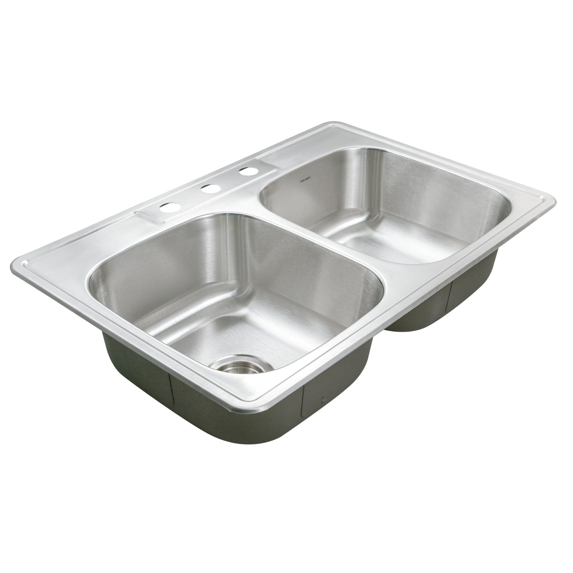 Houzer Glowtone 33" Stainless Steel Drop-in Topmount 3-hole 50/50 Double Bowl 9 inch Deep Kitchen Sink - 3322-9BS3-1
