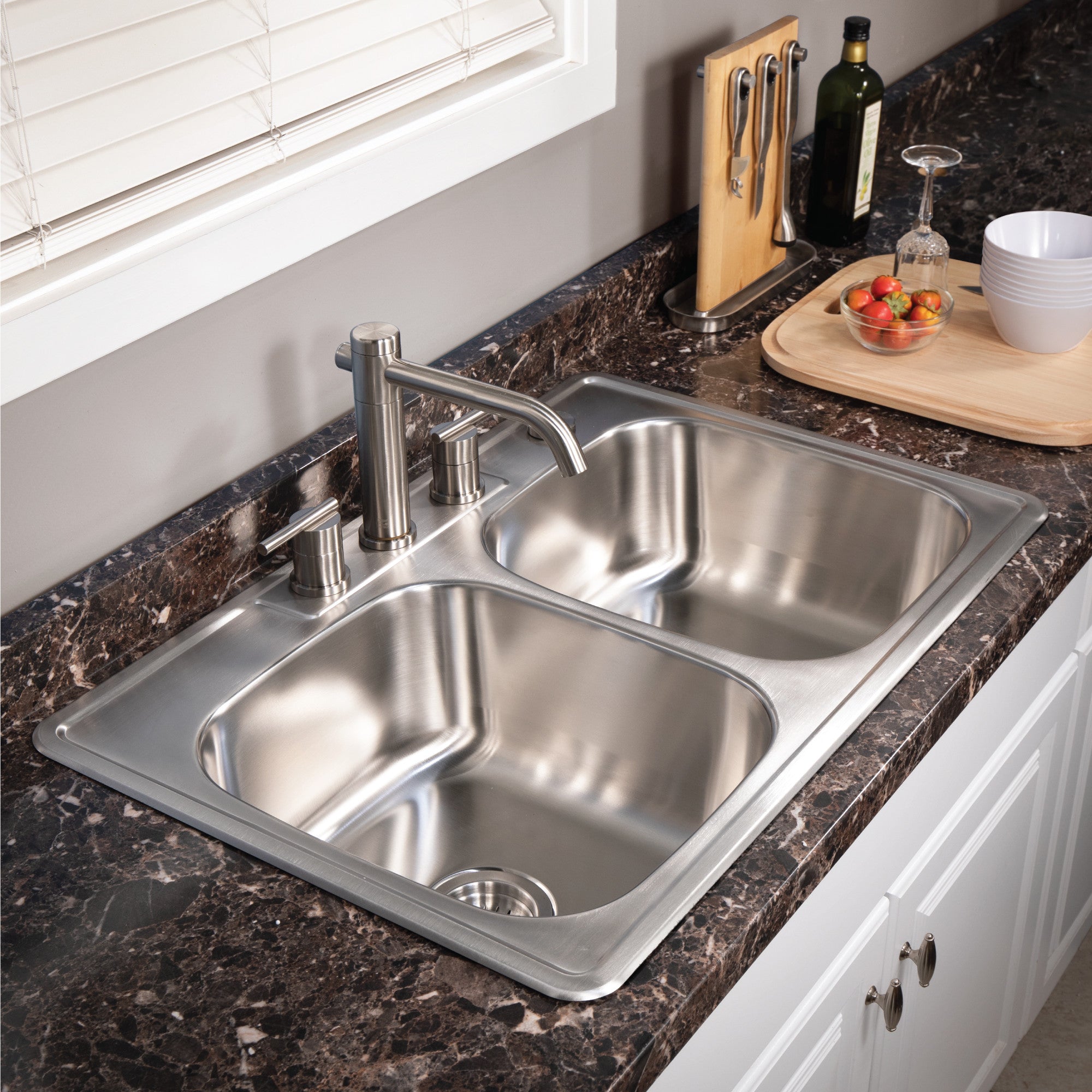 Houzer Glowtone 33" Stainless Steel Drop-in Topmount 3-hole 50/50 Double Bowl 9 inch Deep Kitchen Sink - 3322-9BS3-1