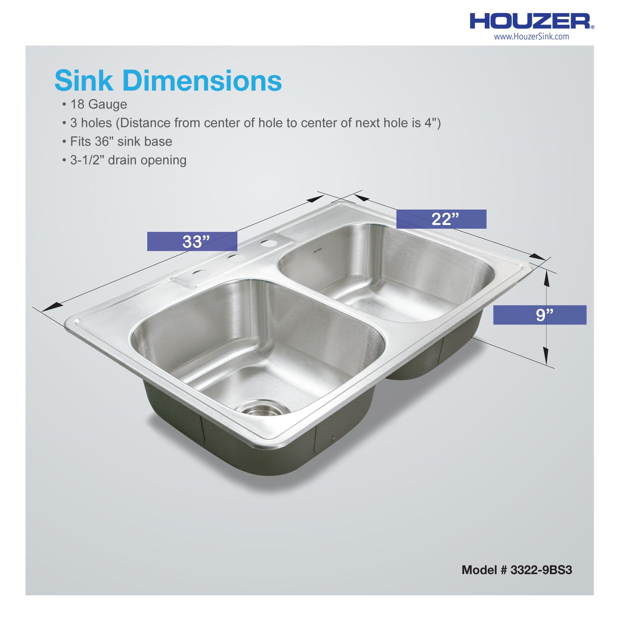 Houzer Glowtone 33" Stainless Steel Drop-in Topmount 3-hole 50/50 Double Bowl 9 inch Deep Kitchen Sink - 3322-9BS3-1