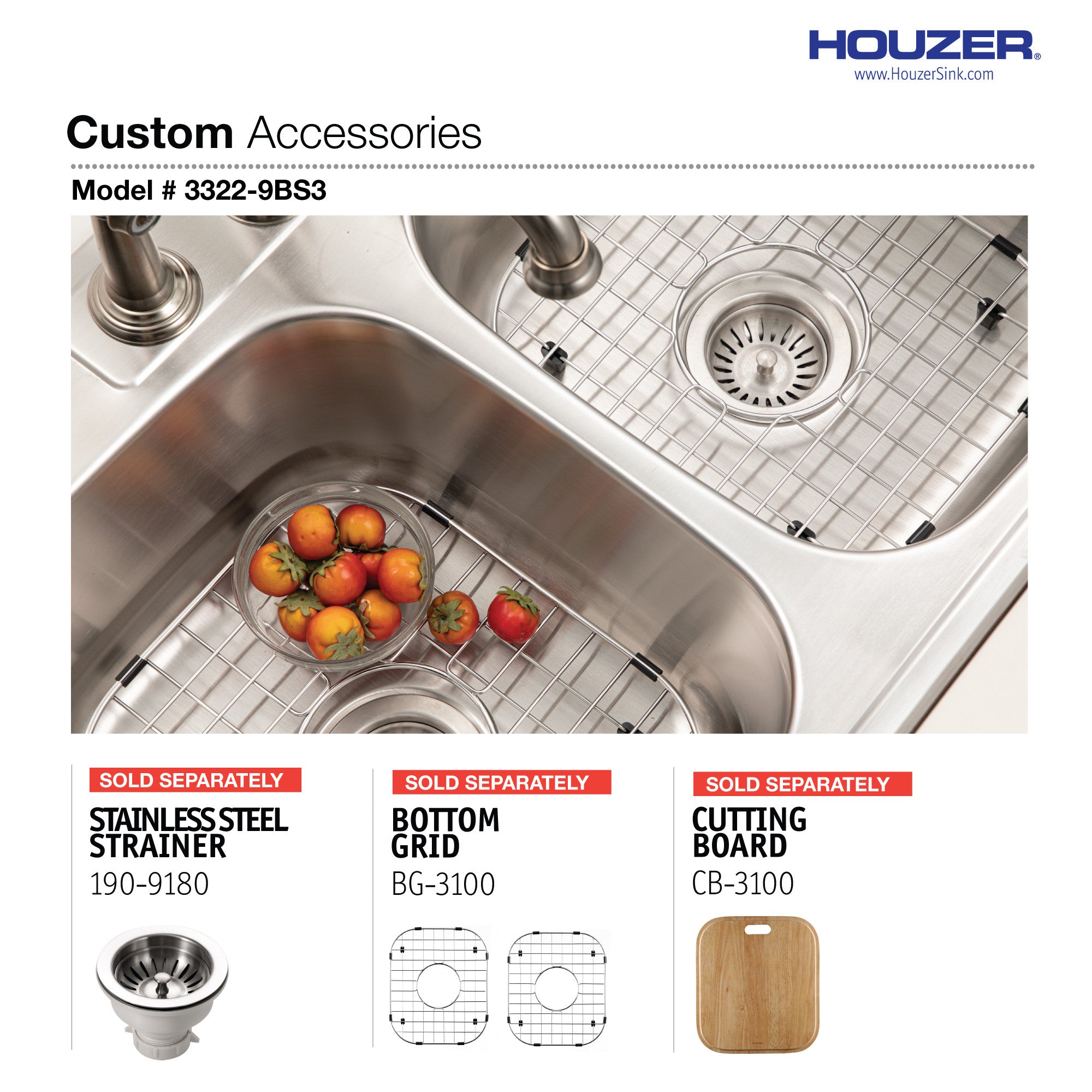 Houzer Glowtone 33" Stainless Steel Drop-in Topmount 3-hole 50/50 Double Bowl 9 inch Deep Kitchen Sink - 3322-9BS3-1