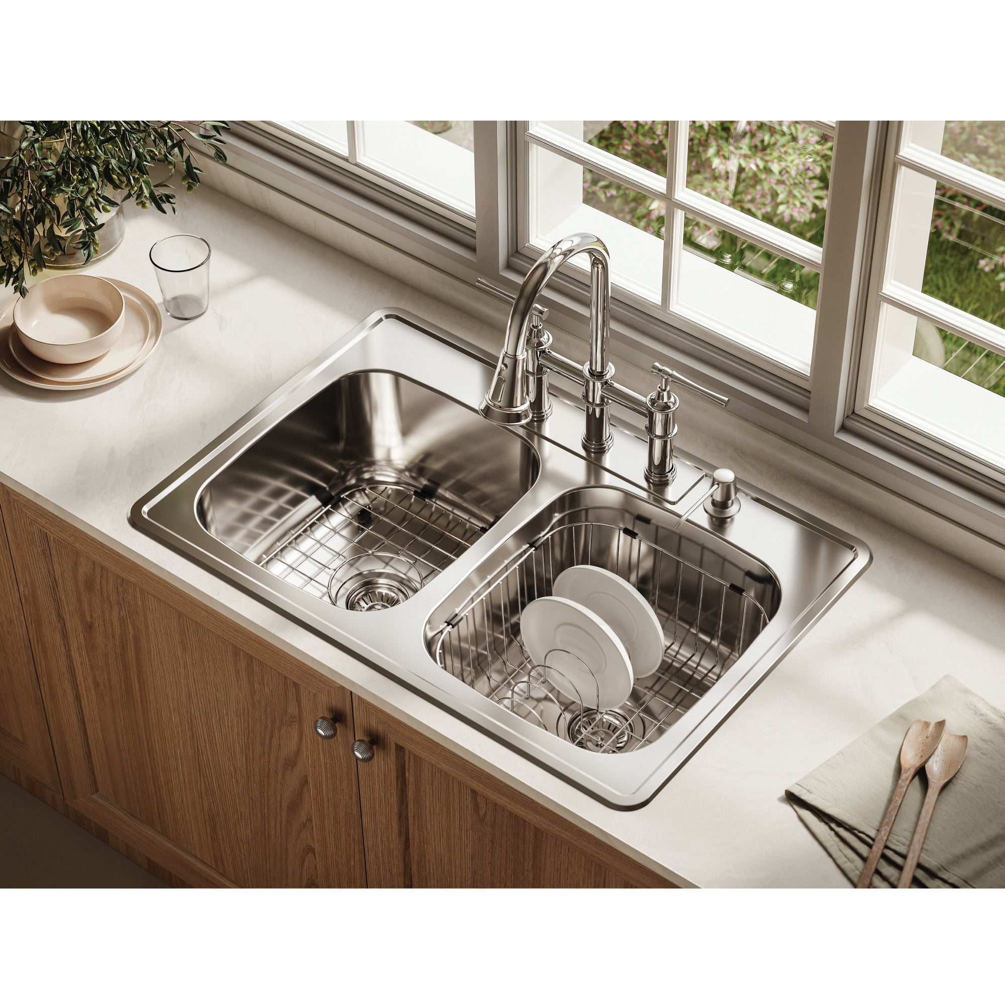 Houzer Glowtone 33" Stainless Steel Drop-in Topmount 4-hole 50/50 Double Bowl 9 inch Deep Kitchen Sink - 3322-9BS4-1