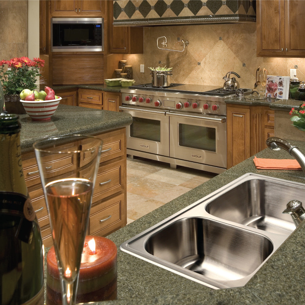 Houzer Glowtone 33" Stainless Steel Drop-in Topmount 4-hole 50/50 Double Bowl 9 inch Deep Kitchen Sink - 3322-9BS4-1