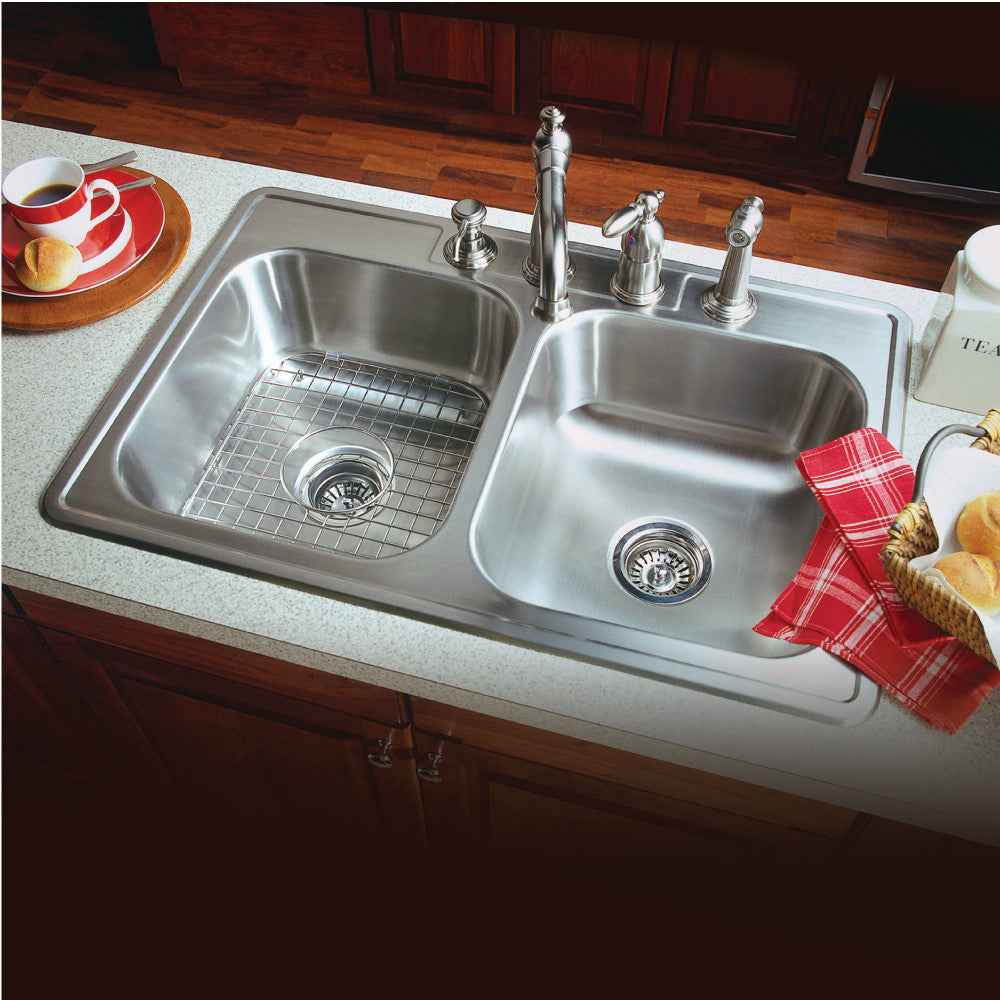 Houzer Glowtone 33" Stainless Steel Drop-in Topmount 4-hole 50/50 Double Bowl 9 inch Deep Kitchen Sink - 3322-9BS4-1