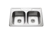 Houzer Glowtone 33" Stainless Steel Drop-in Topmount 4-hole 50/50 Double Bowl 9 inch Deep Kitchen Sink - 3322-9BS4-1