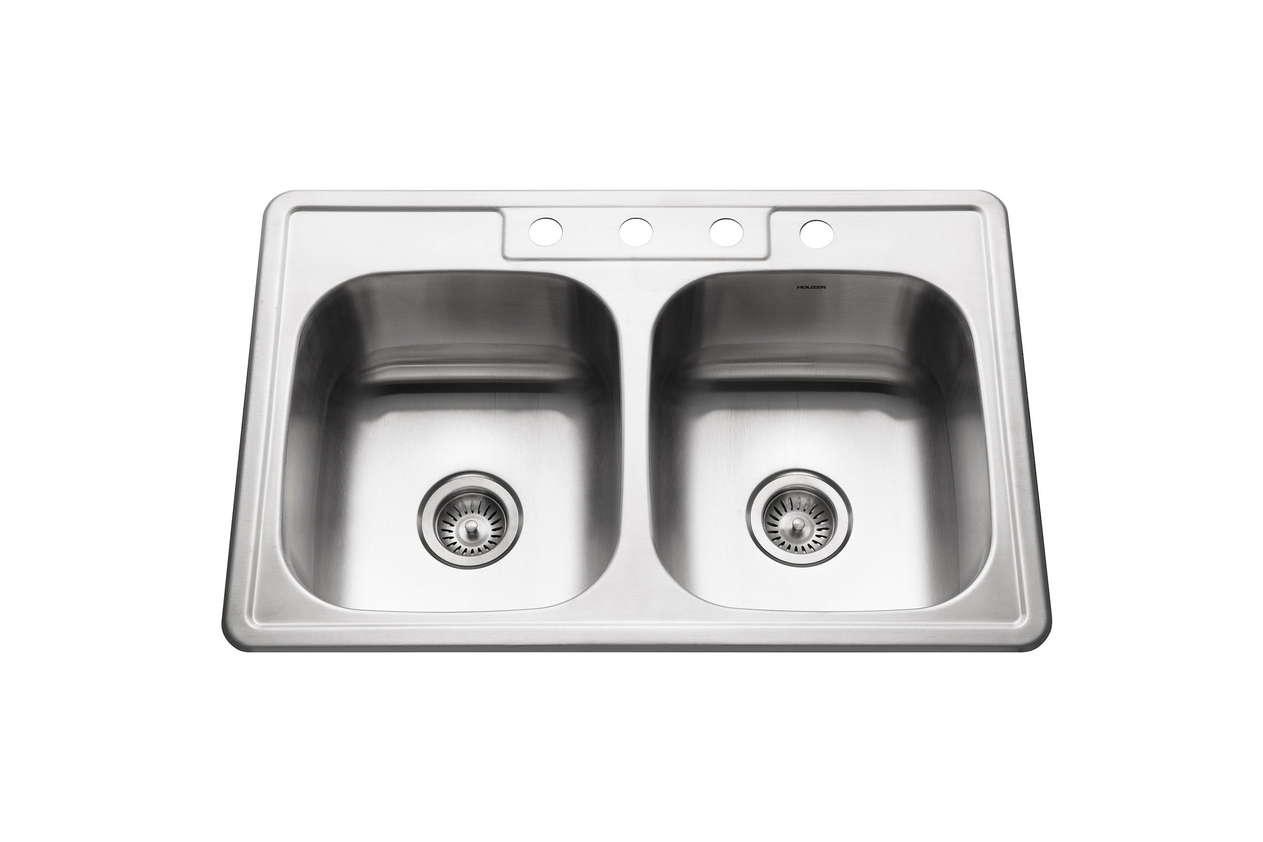 Houzer Glowtone 33" Stainless Steel Drop-in Topmount 4-hole 50/50 Double Bowl 9 inch Deep Kitchen Sink - 3322-9BS4-1