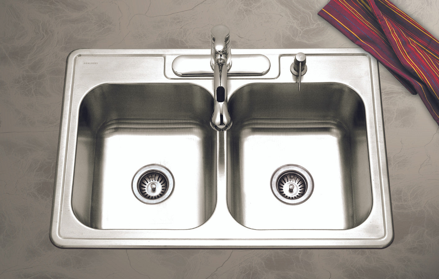 Houzer Glowtone 33" Stainless Steel Drop-in Topmount 3-hole 50/50 Double Bowl 9 inch Deep Kitchen Sink - 3322-9BS3-1