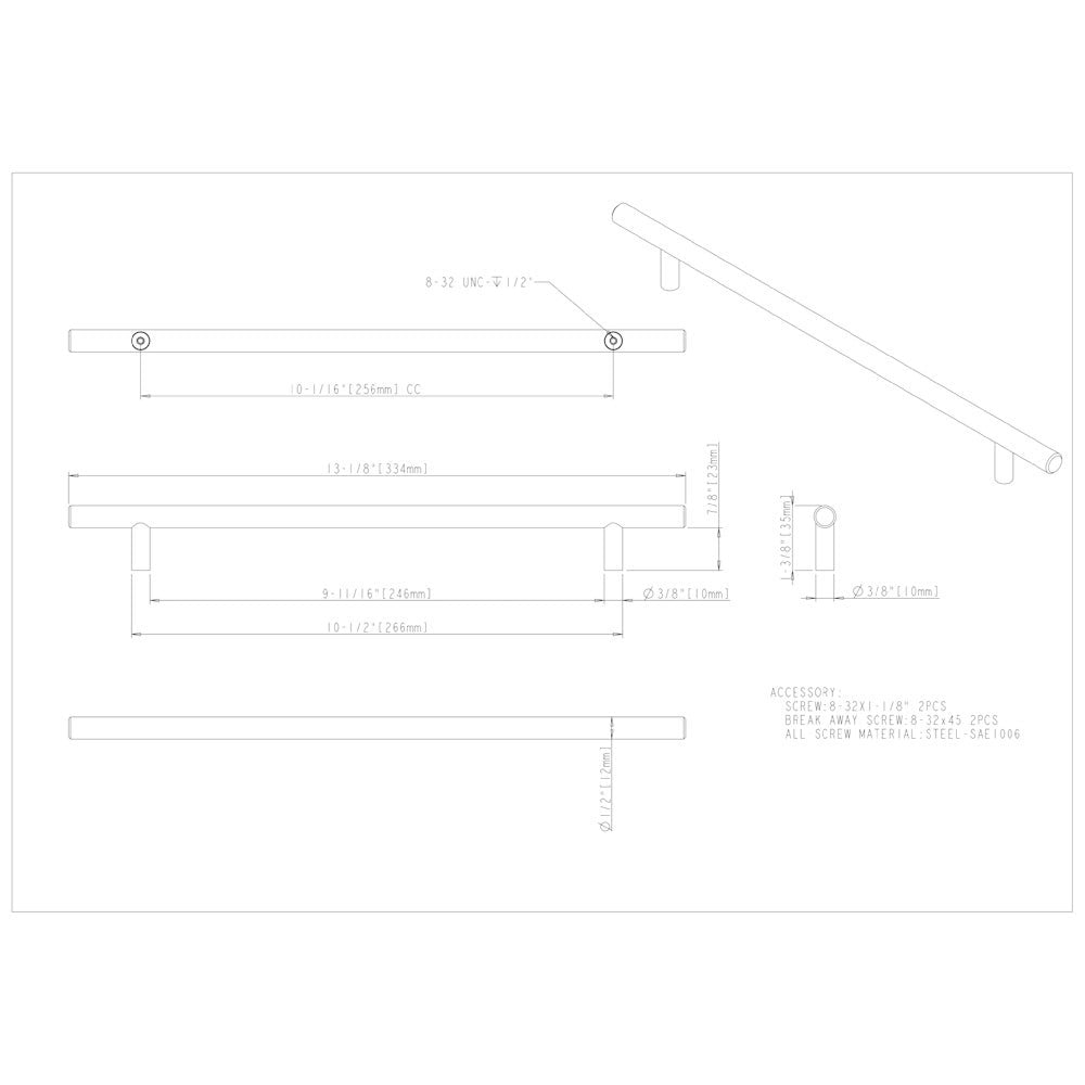 Hardware Resources 96 mm Center-to-Center Hollow Matte Black Stainless Steel Naples Cabinet Bar Pull