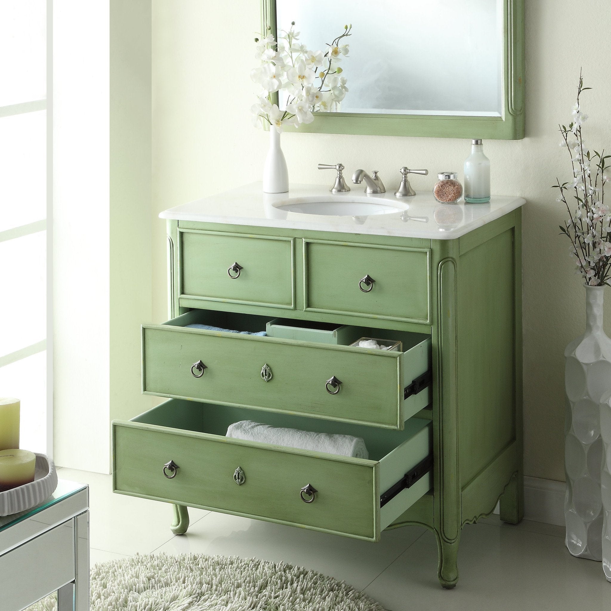 Chans Furniture HF-081G 34 Inch Distressed Green Daleville Cottage Style Bathroom Sink Vanity