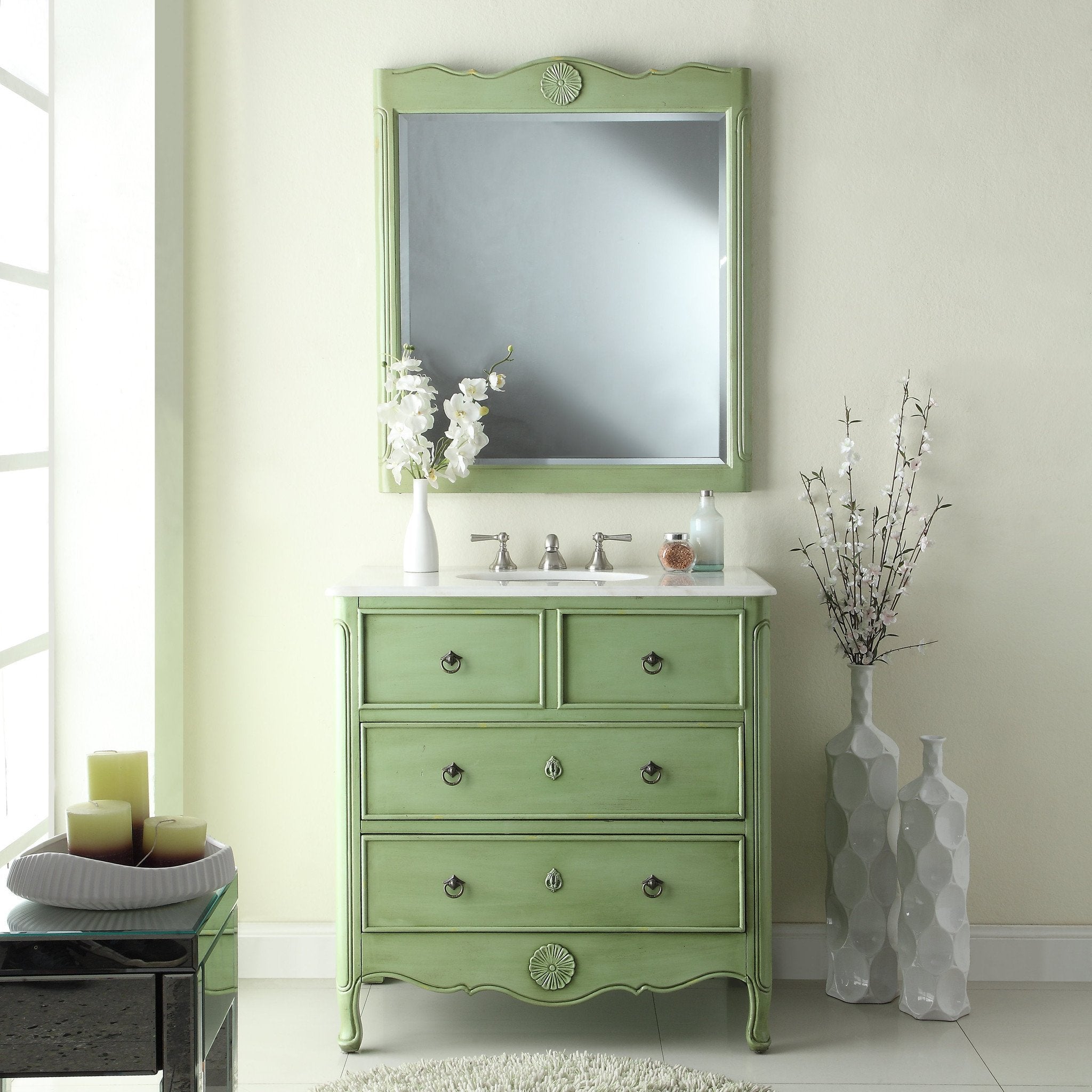 Chans Furniture HF-081G 34 Inch Distressed Green Daleville Cottage Style Bathroom Sink Vanity