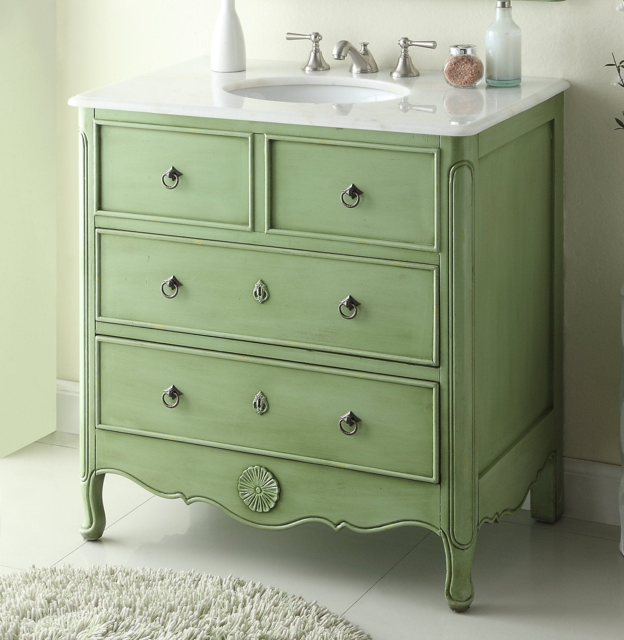 Chans Furniture HF-081G 34 Inch Distressed Green Daleville Cottage Style Bathroom Sink Vanity