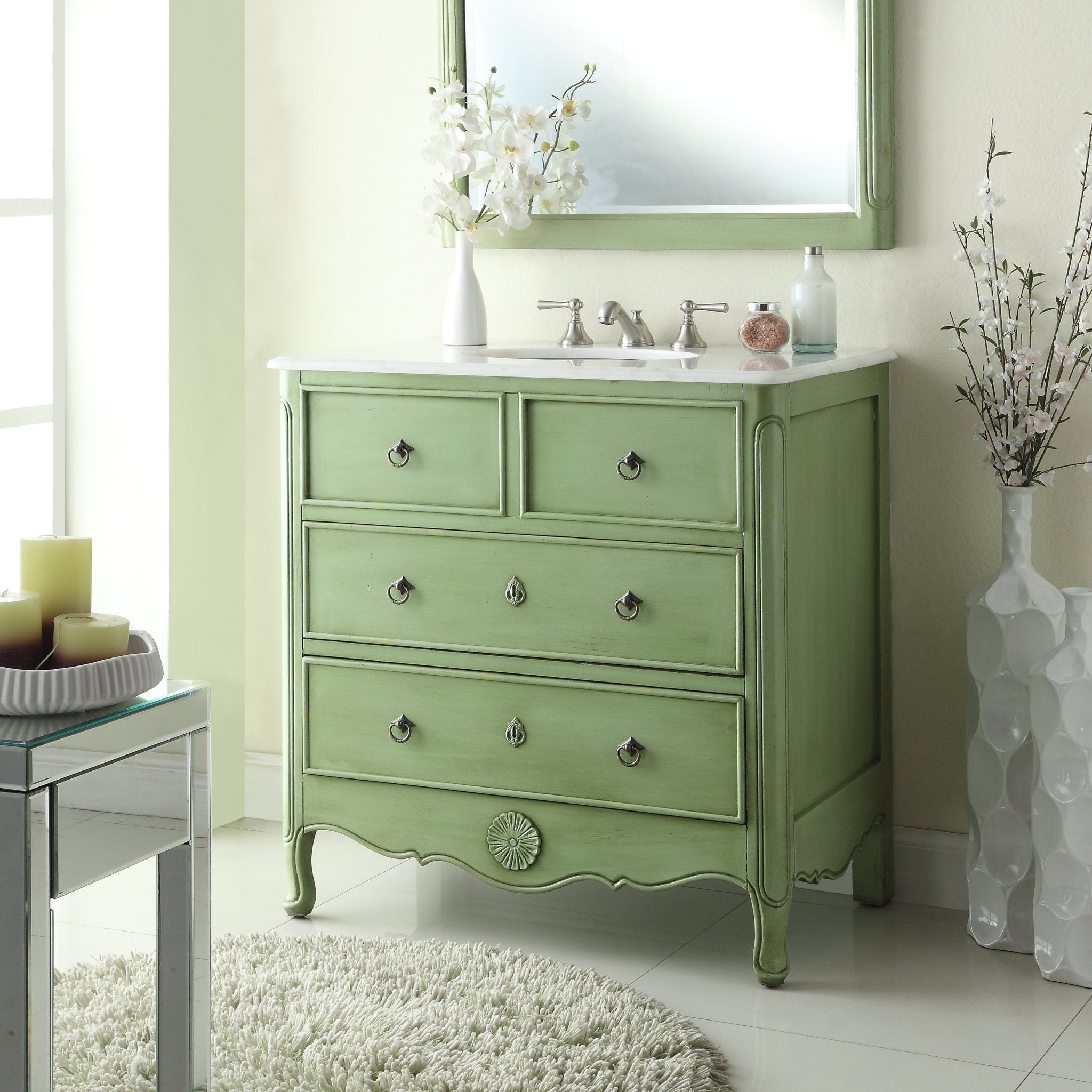 Chans Furniture HF-081G 34 Inch Distressed Green Daleville Cottage Style Bathroom Sink Vanity