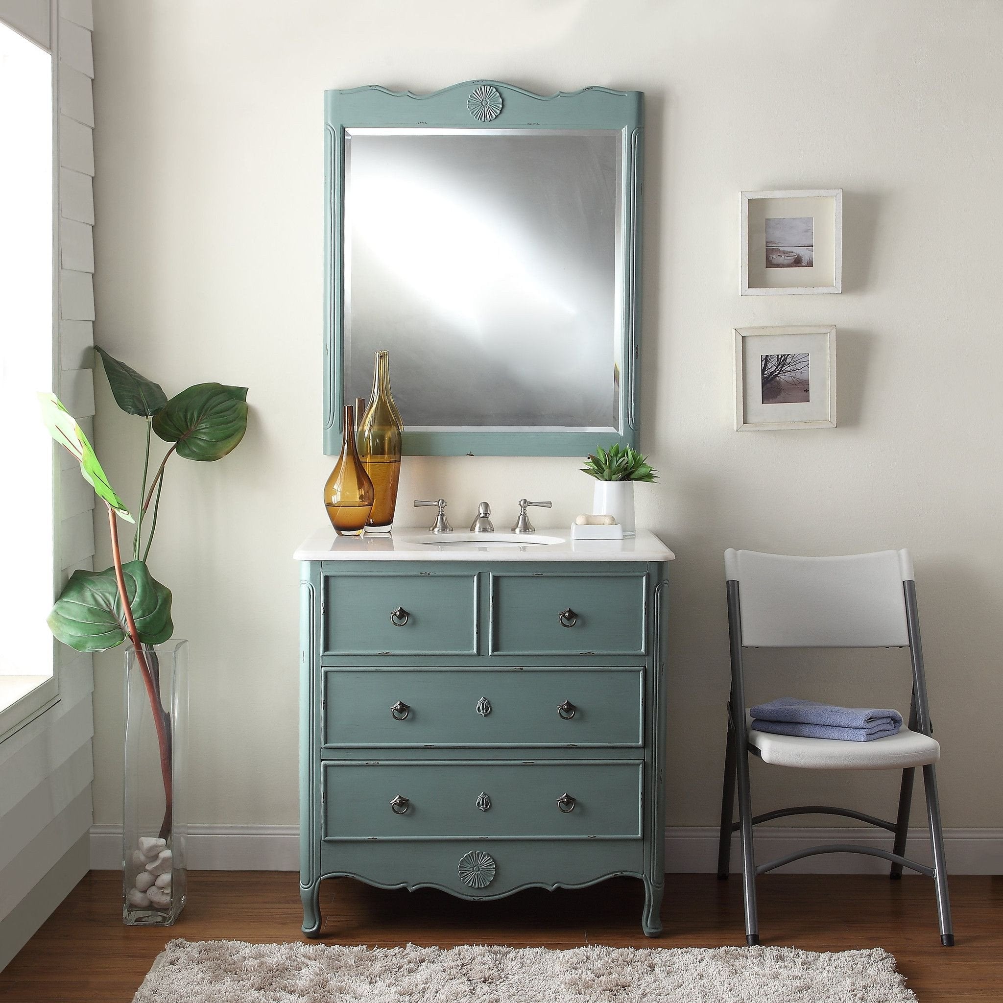 Chans Furniture HF-081Y 34 Inch Distressed Vintage Blue Daleville Cottage Style Bathroom Sink Vanity