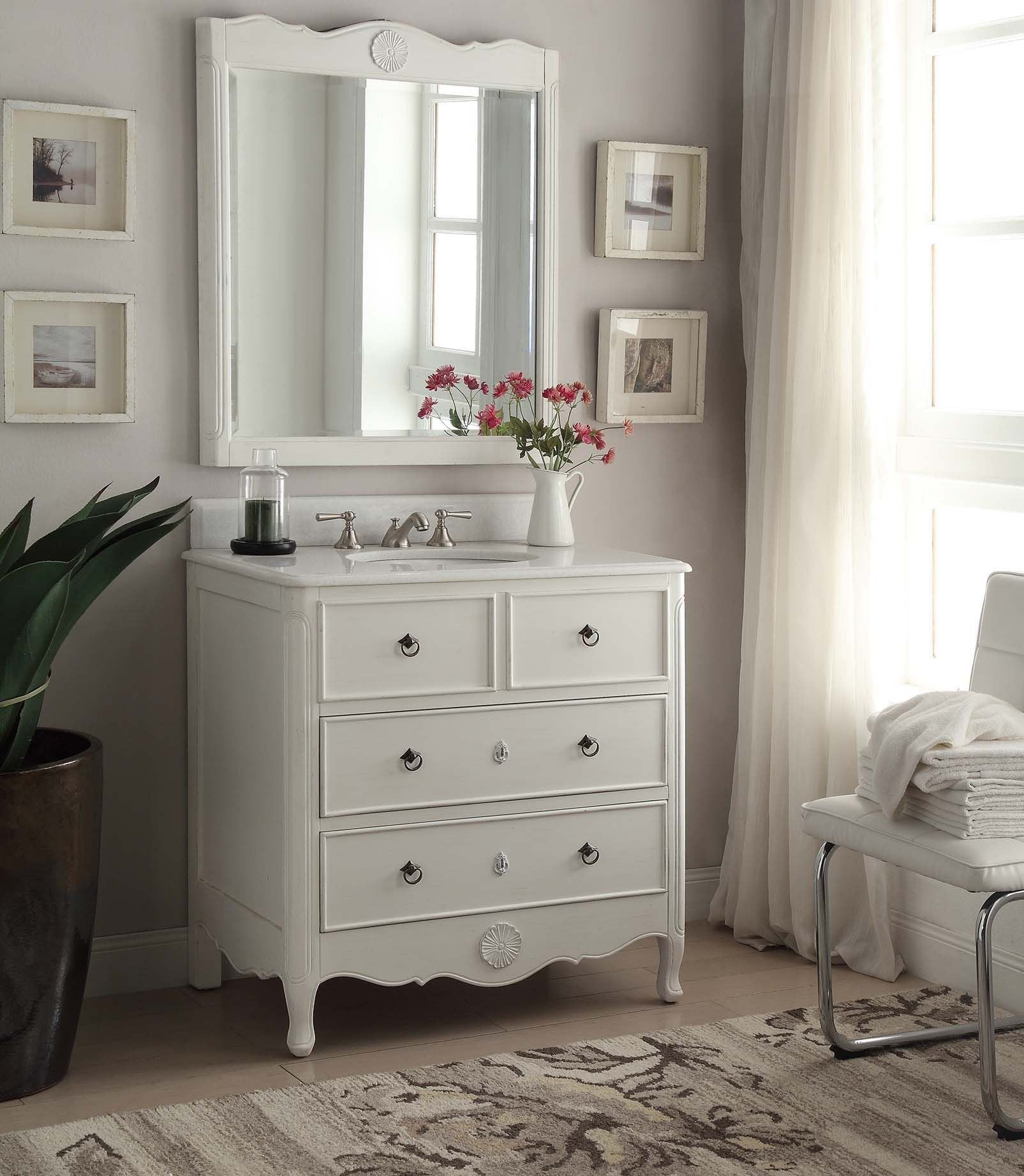 Chans Furniture HF-081AW 34 Inch Distressed Antique White Daleville Cottage Style Bathroom Sink Vanity