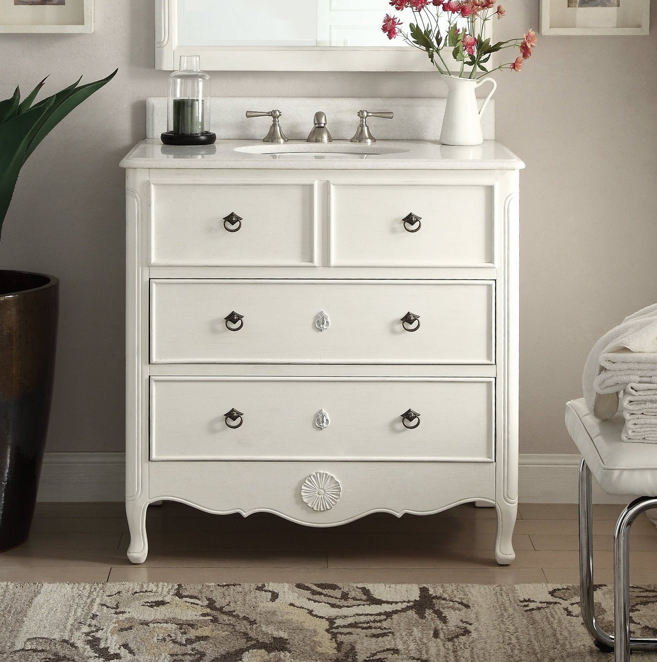 Chans Furniture HF-081AW 34 Inch Distressed Antique White Daleville Cottage Style Bathroom Sink Vanity