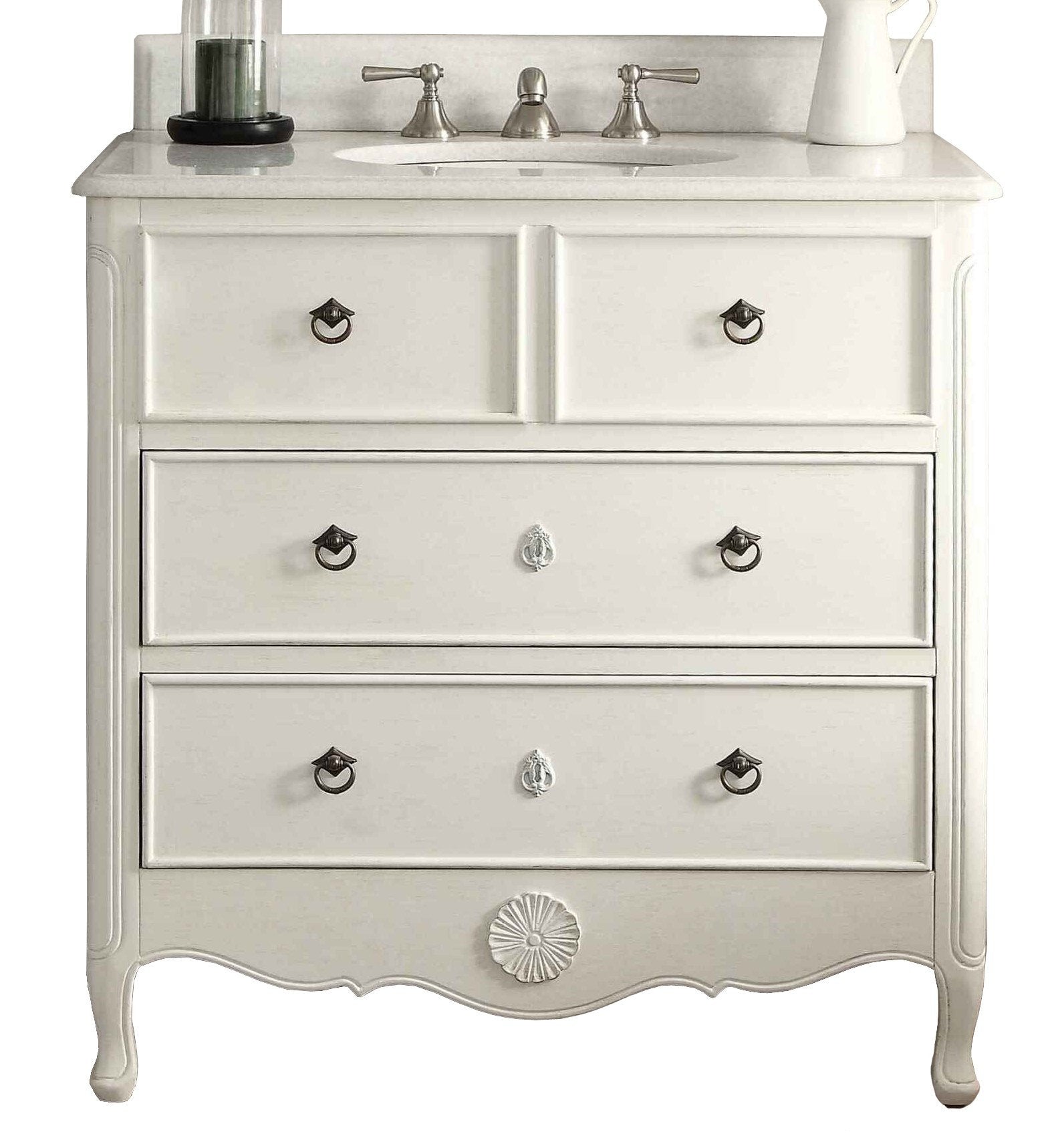 Chans Furniture HF-081AW 34 Inch Distressed Antique White Daleville Cottage Style Bathroom Sink Vanity