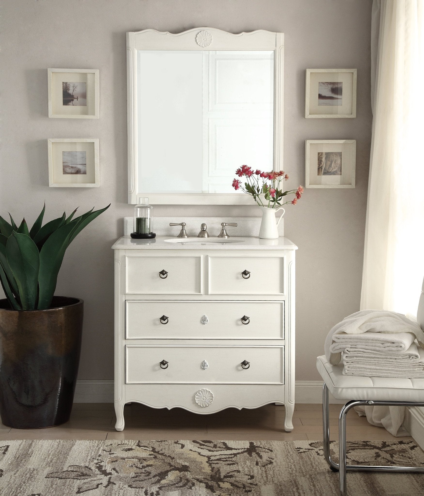 Chans Furniture HF-081AW 34 Inch Distressed Antique White Daleville Cottage Style Bathroom Sink Vanity