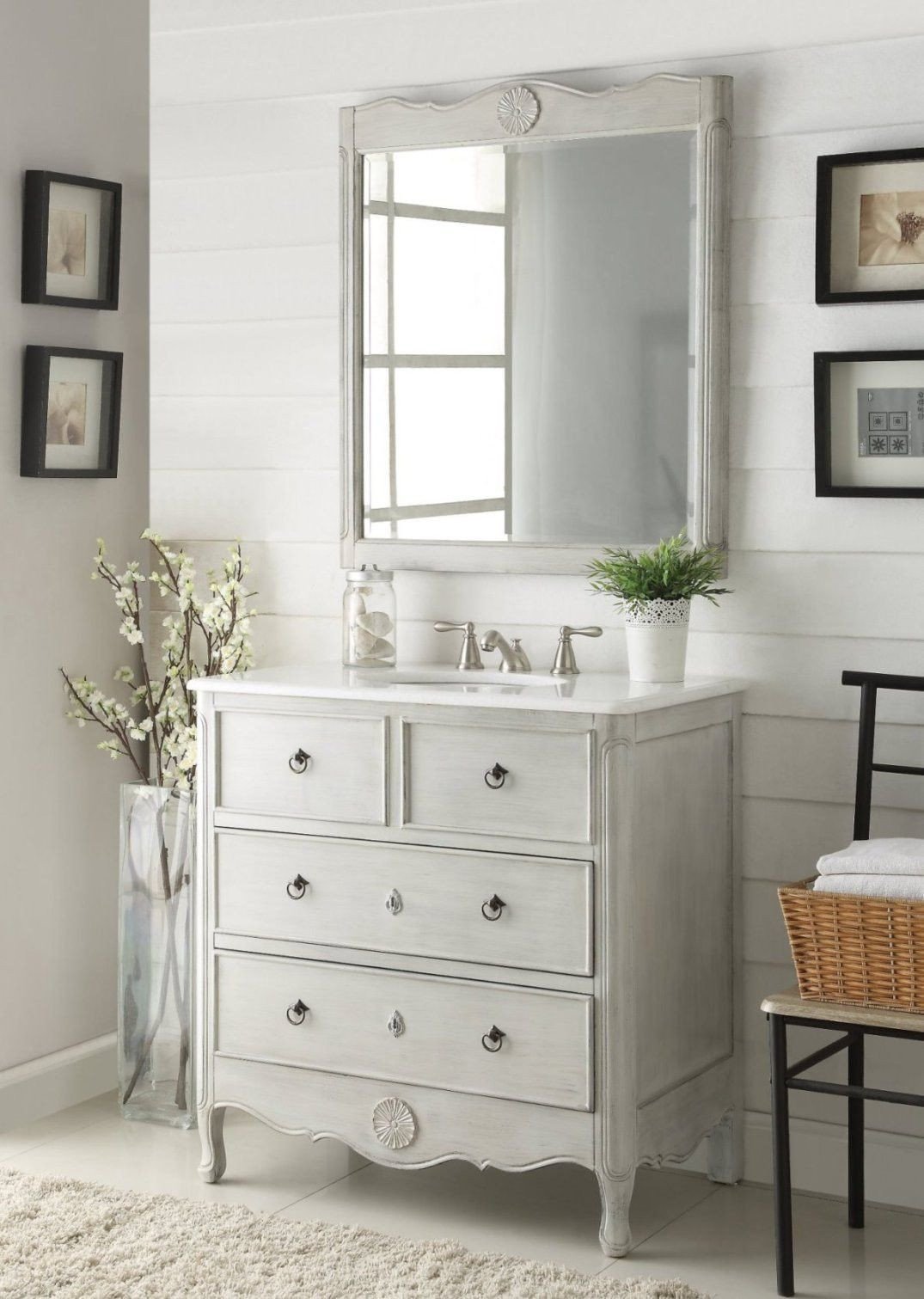 Chans Furniture HF-081CK 34 Inch Distressed Gray Daleville Cottage Style Bathroom Sink Vanity