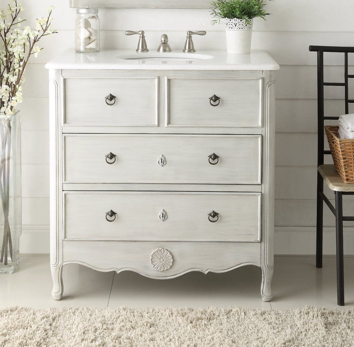 Chans Furniture HF-081CK 34 Inch Distressed Gray Daleville Cottage Style Bathroom Sink Vanity