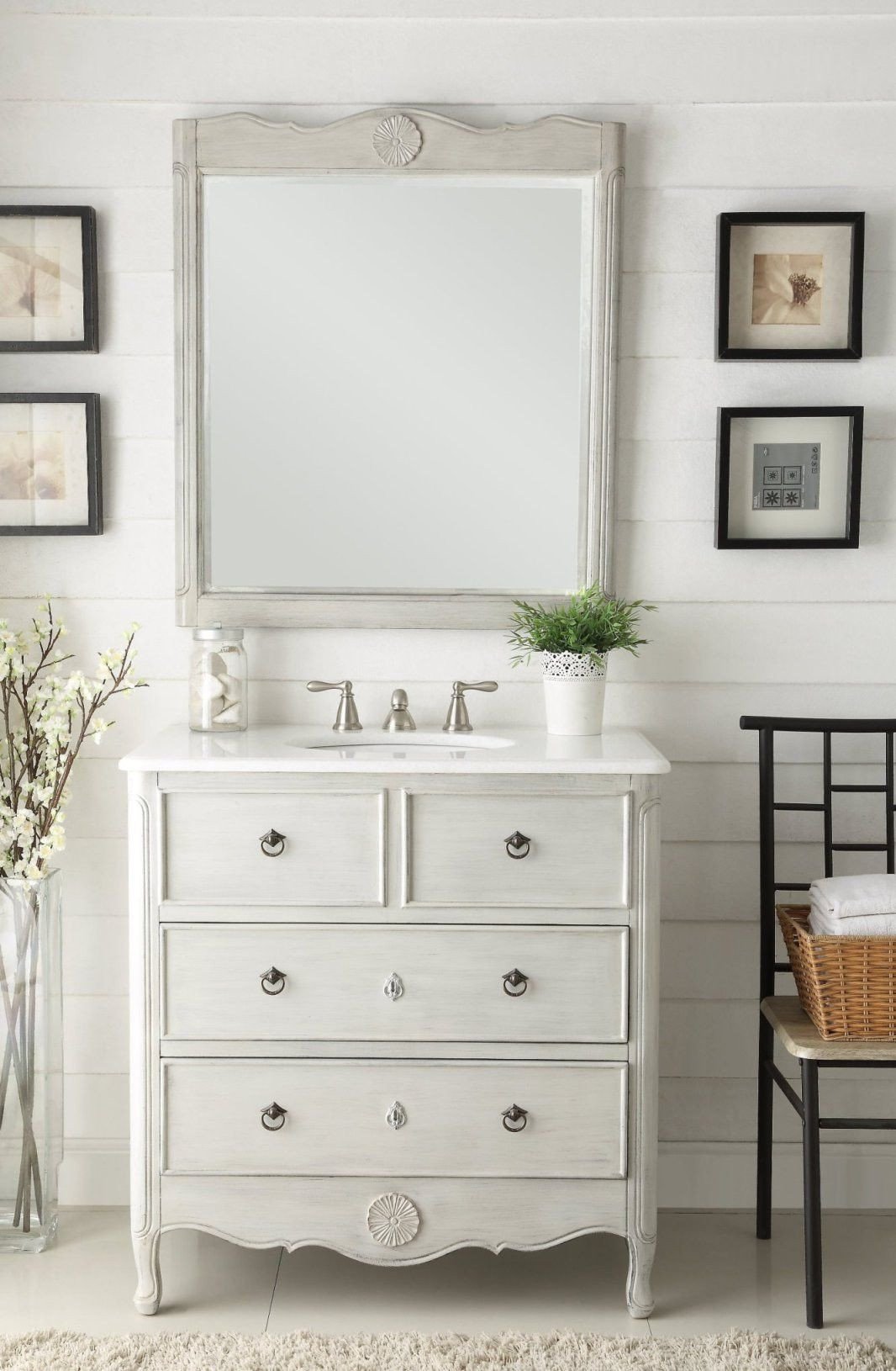 Chans Furniture HF-081CK 34 Inch Distressed Gray Daleville Cottage Style Bathroom Sink Vanity