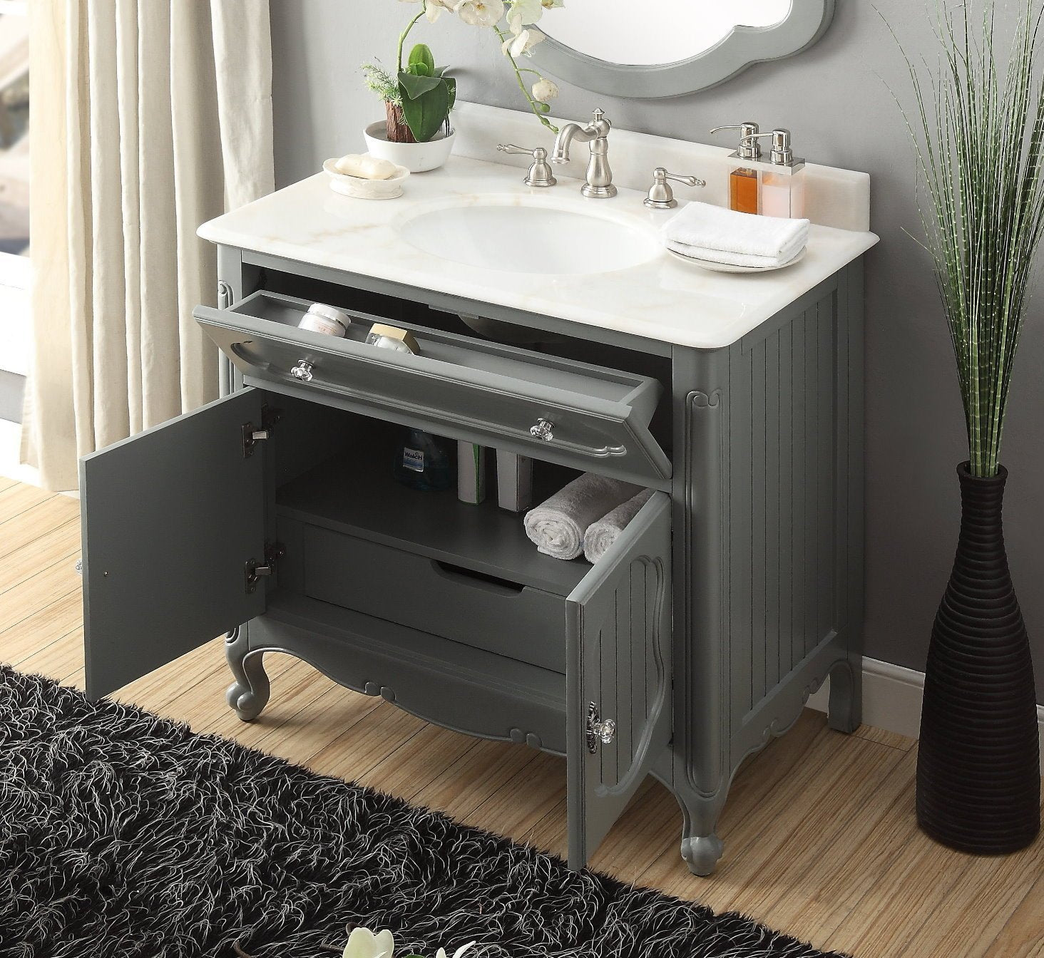 Chans Furniture GD-1533CK 34 Inch Gray Charming Cottage Chic Knoxville Vanity