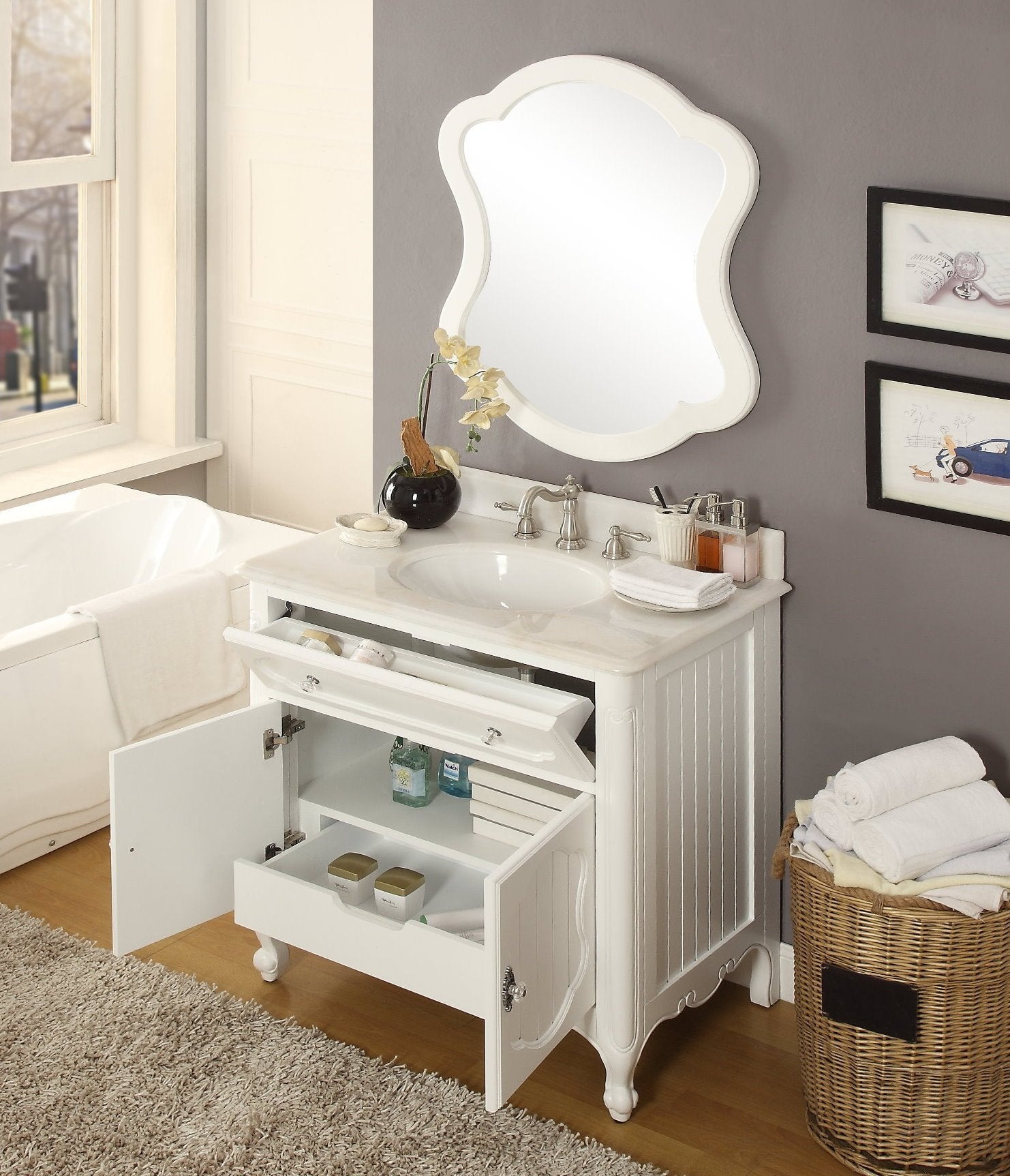 Chans Furniture GD-1533WT 34 Inch White Charming Cottage Chic Knoxville Vanity
