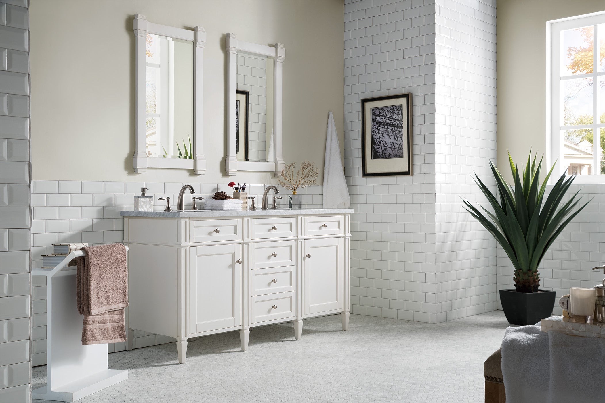 James Martin Brittany 60" Double Vanity in Bright White with 3cm Countertop