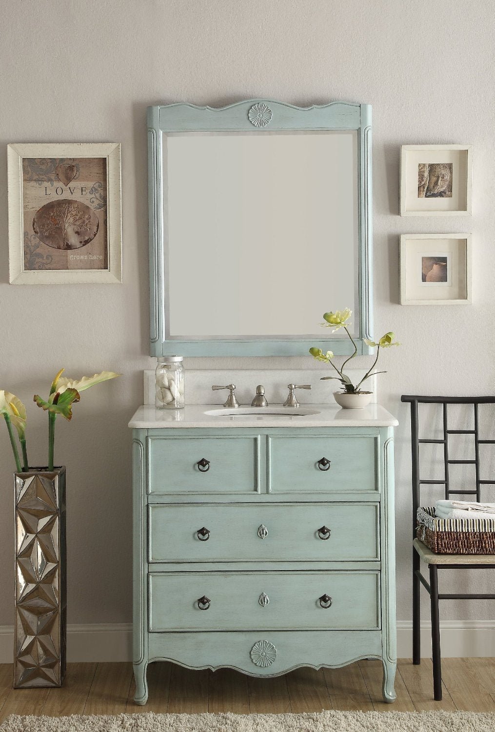 Chans Furniture HF-081LB 34 Inch Distressed Light Blue Daleville Cottage Style Bathroom Sink Vanity