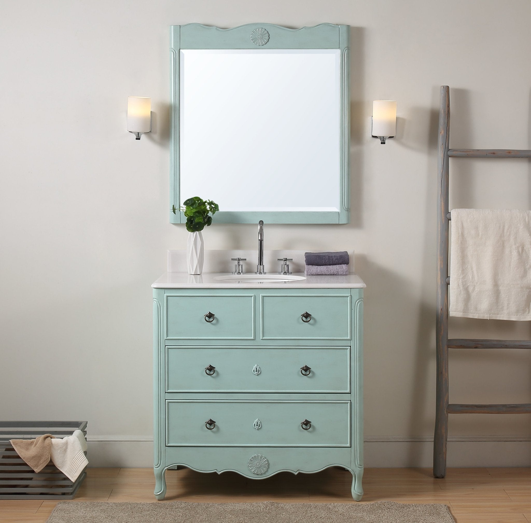 Chans Furniture HF-081LB 34 Inch Distressed Light Blue Daleville Cottage Style Bathroom Sink Vanity