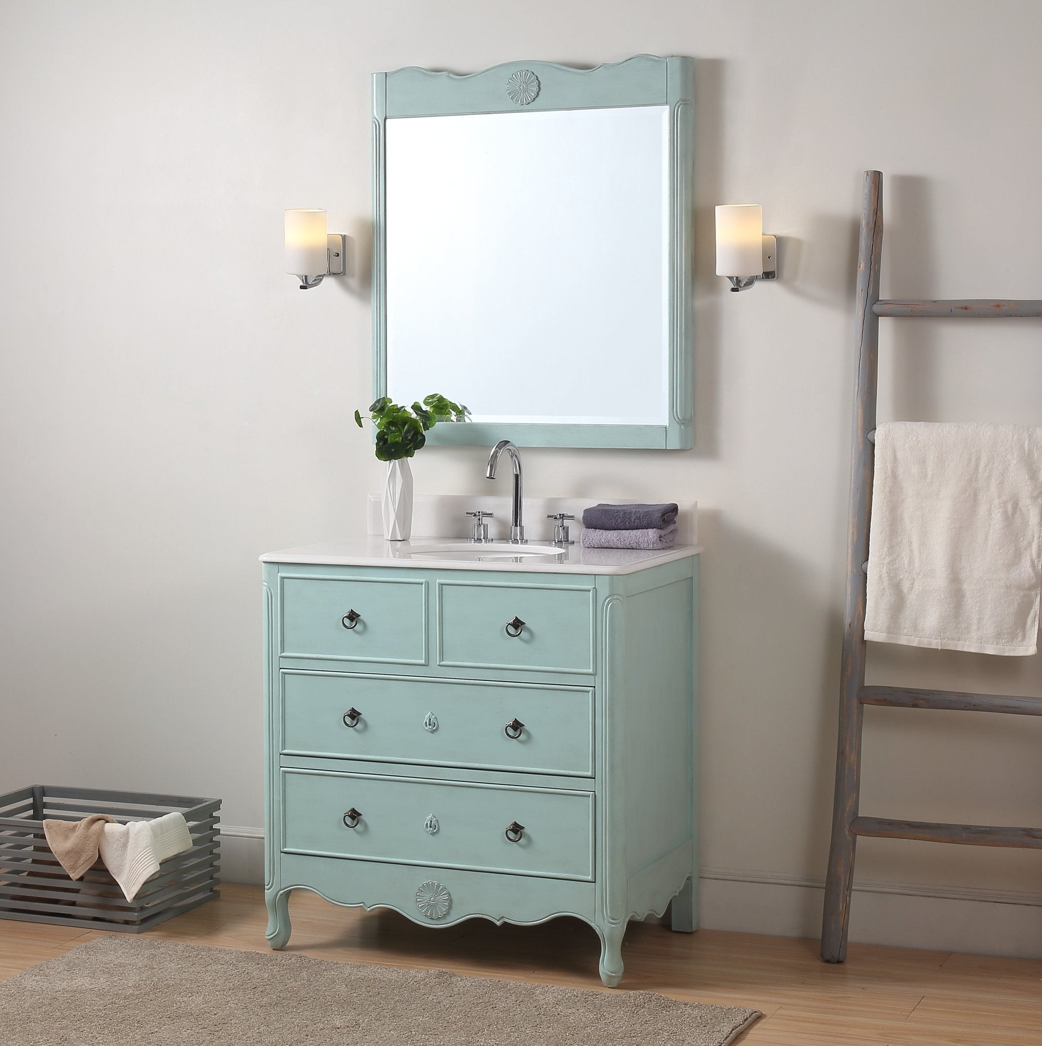 Chans Furniture HF-081LB 34 Inch Distressed Light Blue Daleville Cottage Style Bathroom Sink Vanity
