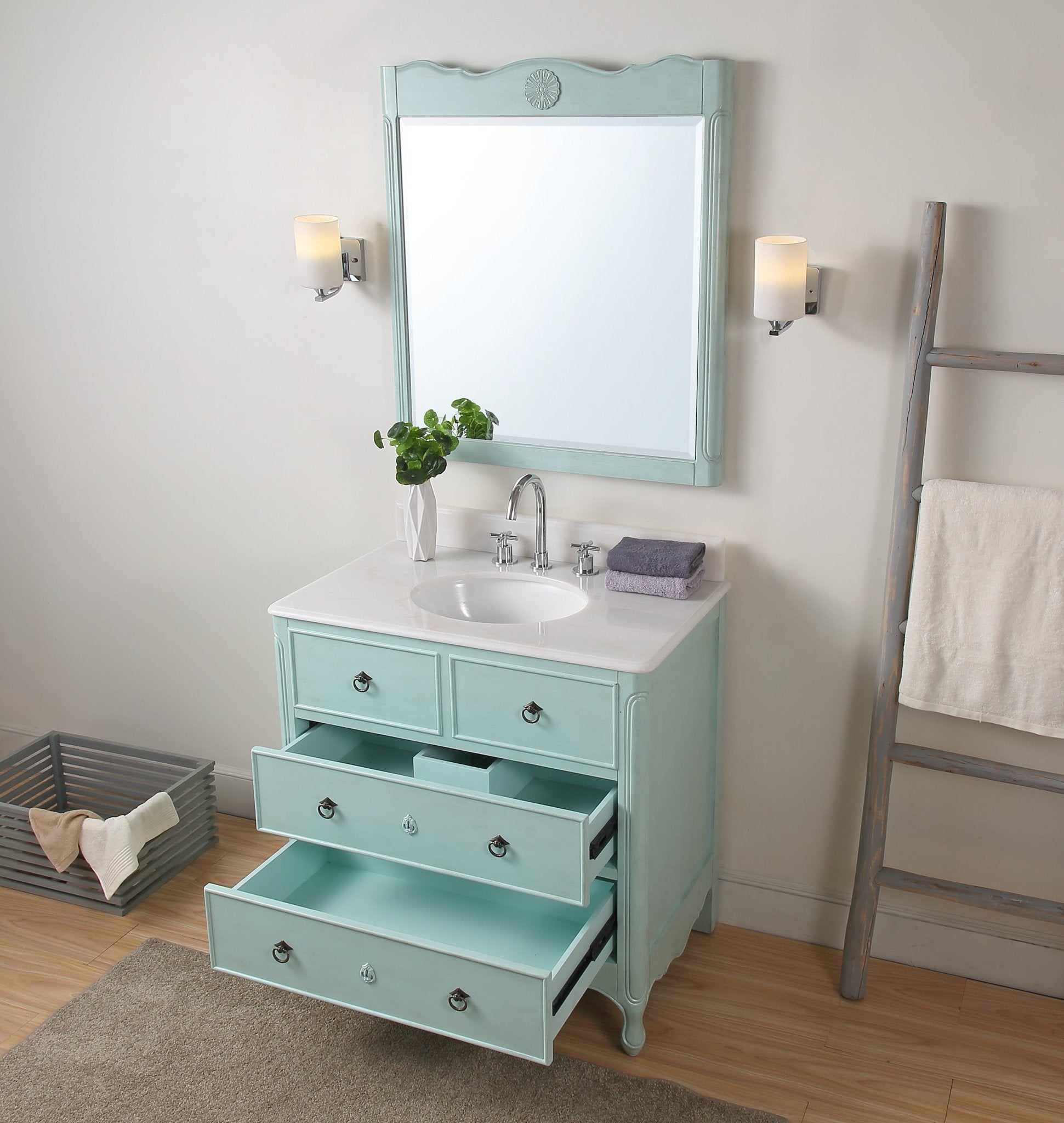 Chans Furniture HF-081LB 34 Inch Distressed Light Blue Daleville Cottage Style Bathroom Sink Vanity