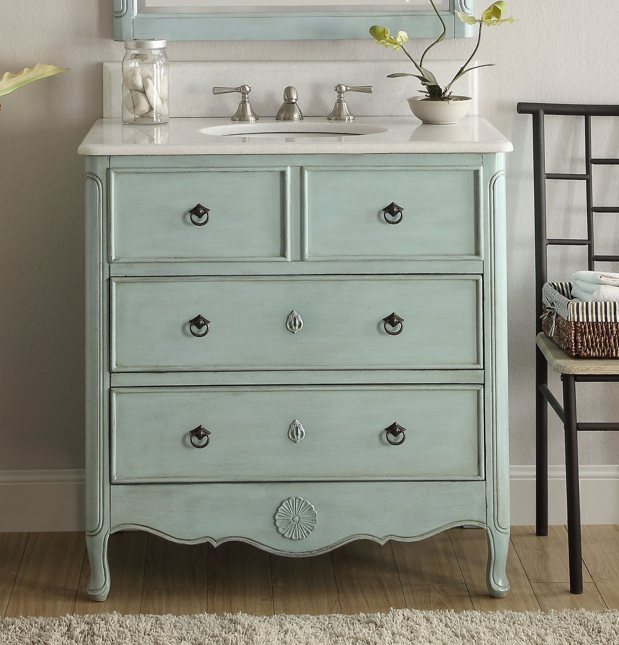 Chans Furniture HF-081LB 34 Inch Distressed Light Blue Daleville Cottage Style Bathroom Sink Vanity